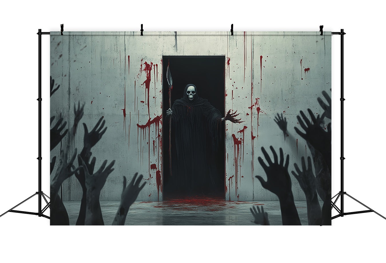 Halloween Wall Backdrop Bloodstained Wall with Grim Reaper Figure Scary Halloween Backdrops TWW58-47