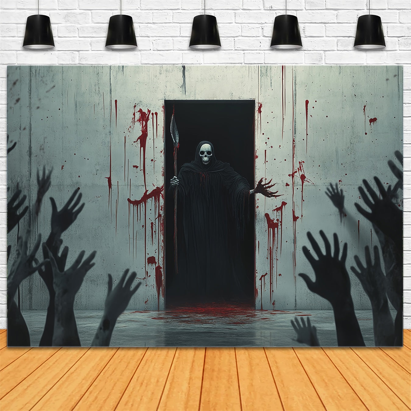 Halloween Wall Backdrop Bloodstained Wall with Grim Reaper Figure Scary Halloween Backdrops TWW58-47