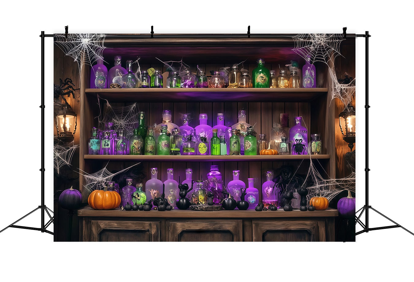 Halloween Wall Backdrop Potion Bottles and Cobwebs on Wooden Shelf Halloween Backdrops TWW58-48