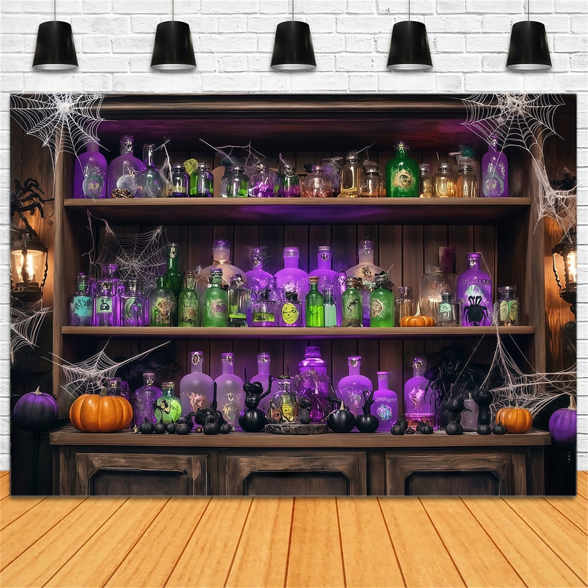 Halloween Wall Backdrop Potion Bottles and Cobwebs on Wooden Shelf Halloween Backdrops TWW58-48