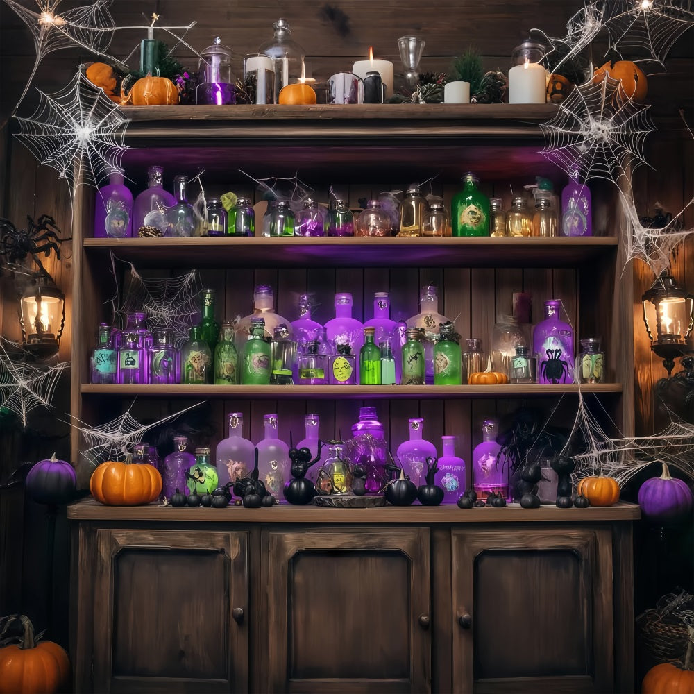 Halloween Wall Backdrop Potion Bottles and Cobwebs on Wooden Shelf Halloween Backdrops TWW58-48