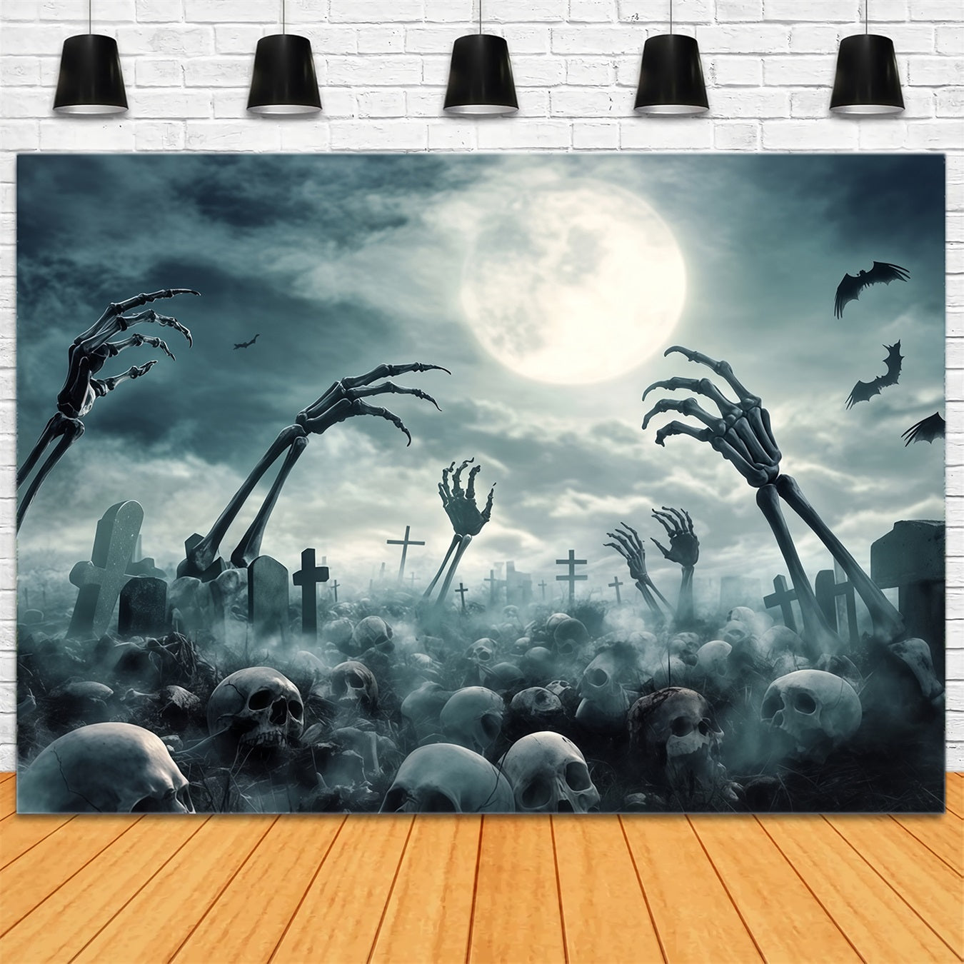 Garage Door Halloween Backdrop Graveyard Skeleton Hands and Full Moon Scary Halloween Backdrops TWW58-49