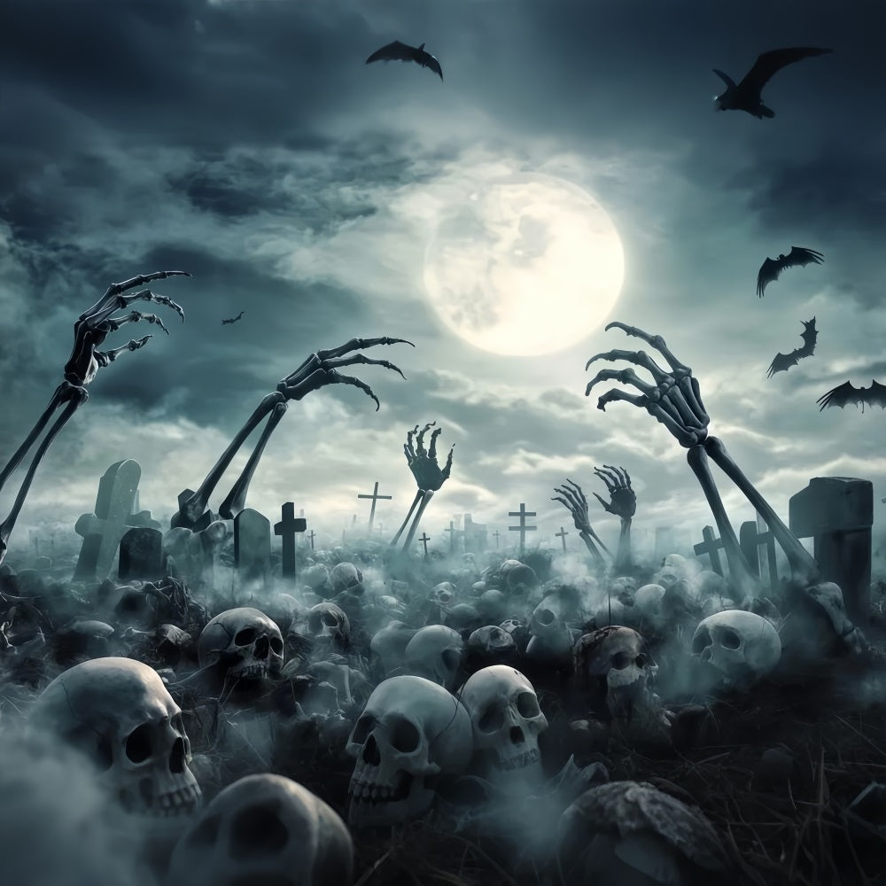 Garage Door Halloween Backdrop Graveyard Skeleton Hands and Full Moon Scary Halloween Backdrops TWW58-49