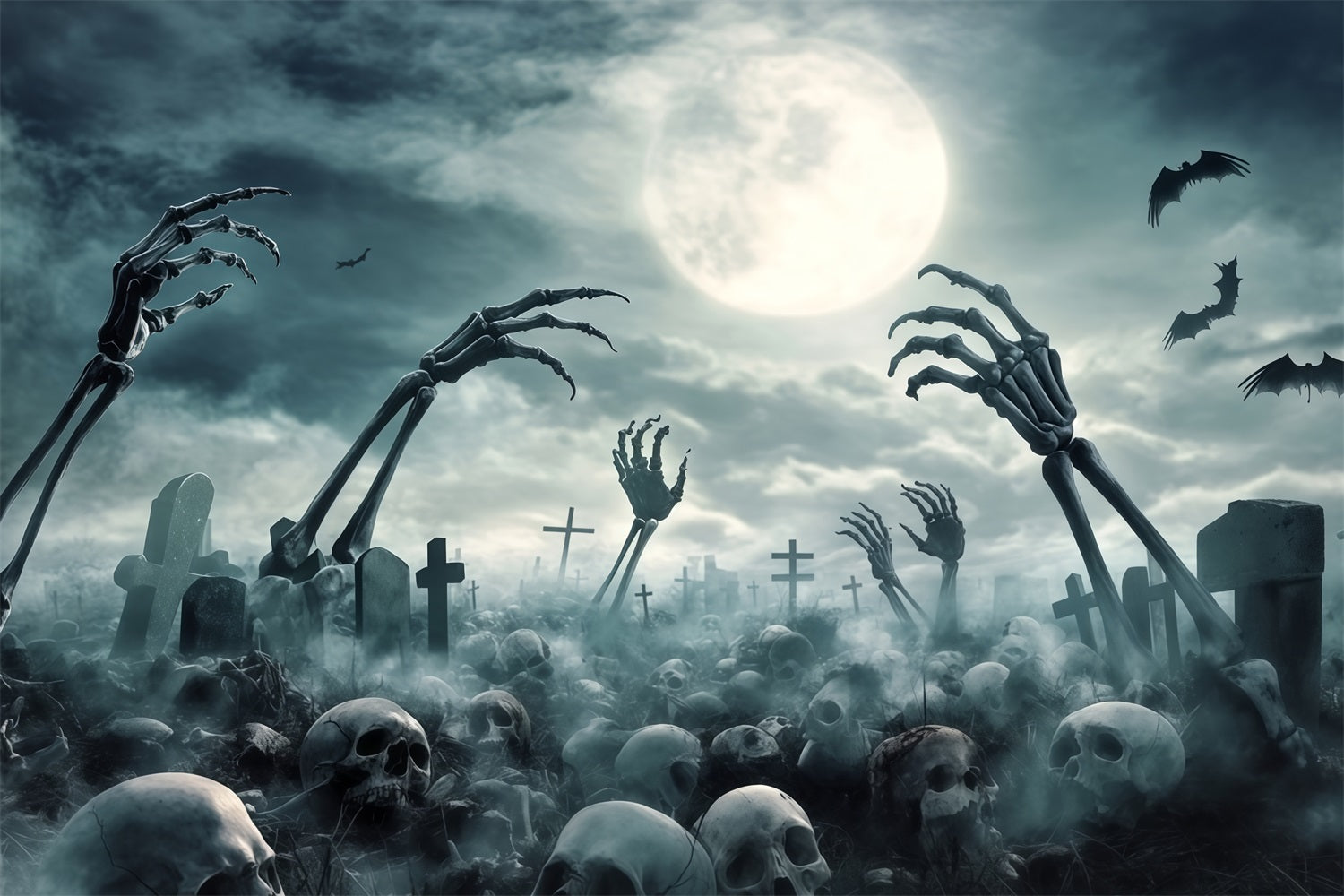 Garage Door Halloween Backdrop Graveyard Skeleton Hands and Full Moon Scary Halloween Backdrops TWW58-49