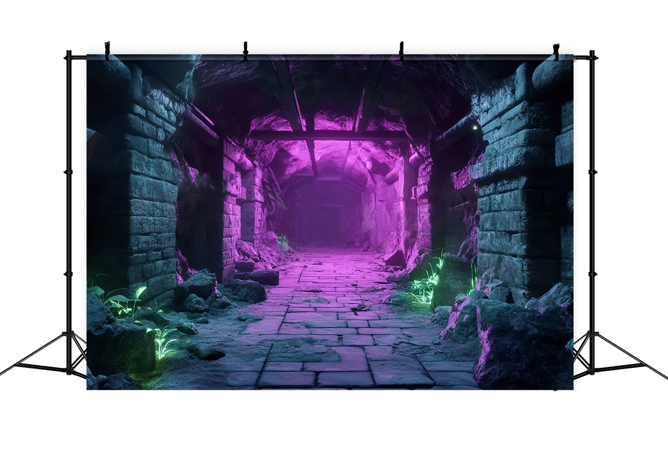 Halloween Ancient Stone Tunnel with Neon Lights Halloween Backdrops for Photos TWW58-51