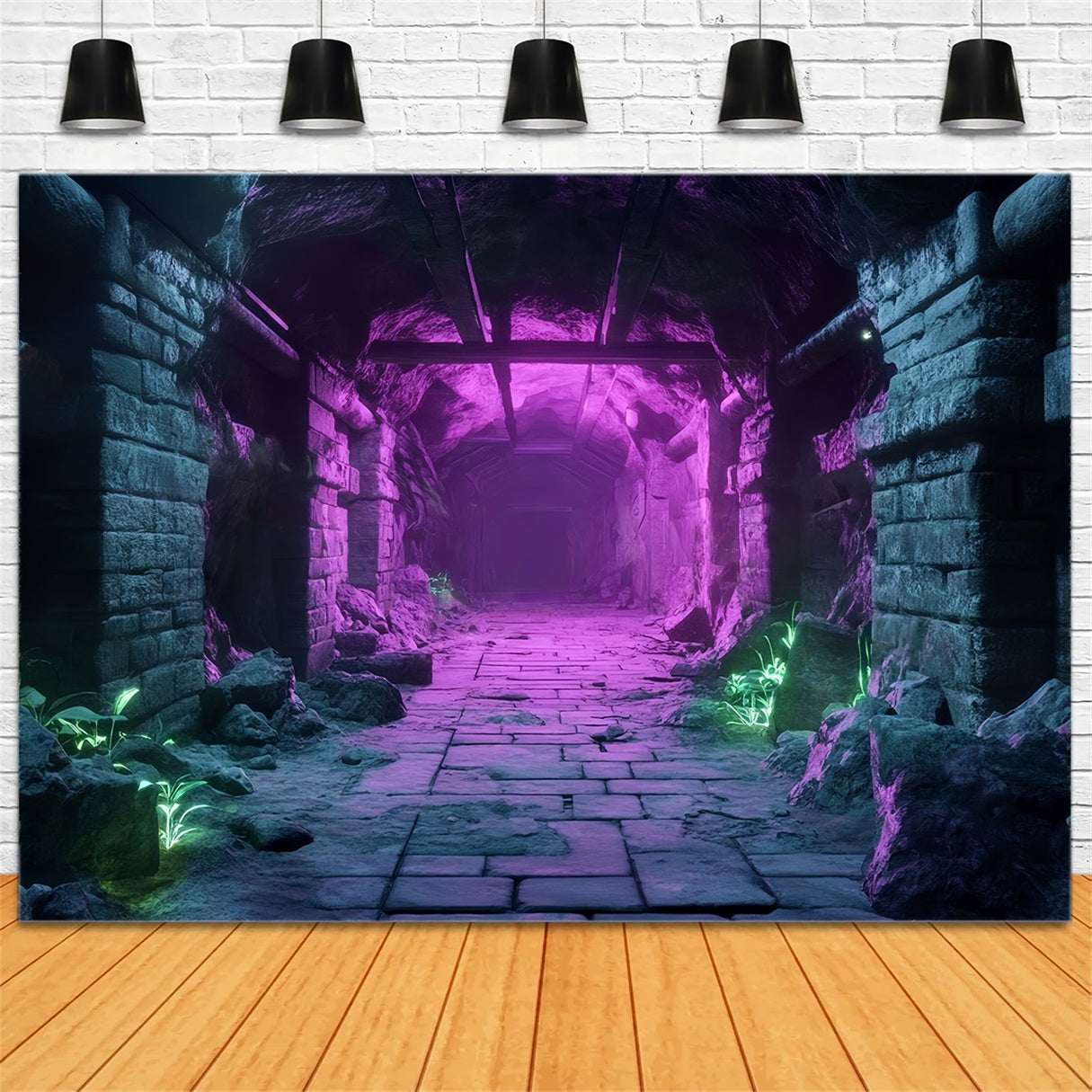 Halloween Ancient Stone Tunnel with Neon Lights Halloween Backdrops for Photos TWW58-51
