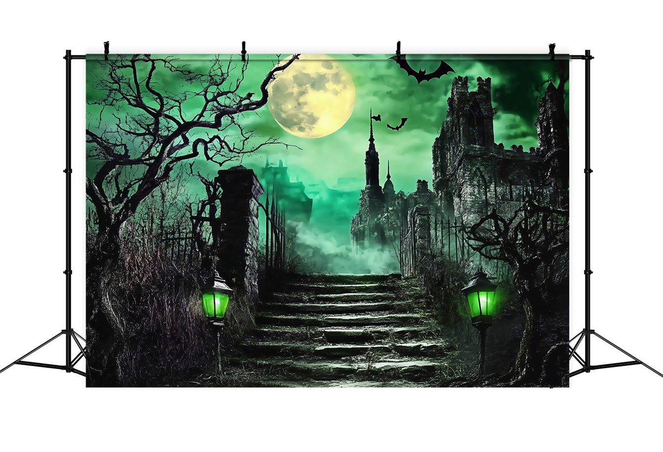 Halloween Graveyard Backdrop Haunted Castle Stairs under Green Moon Halloween Photo Backdrops TWW58-52
