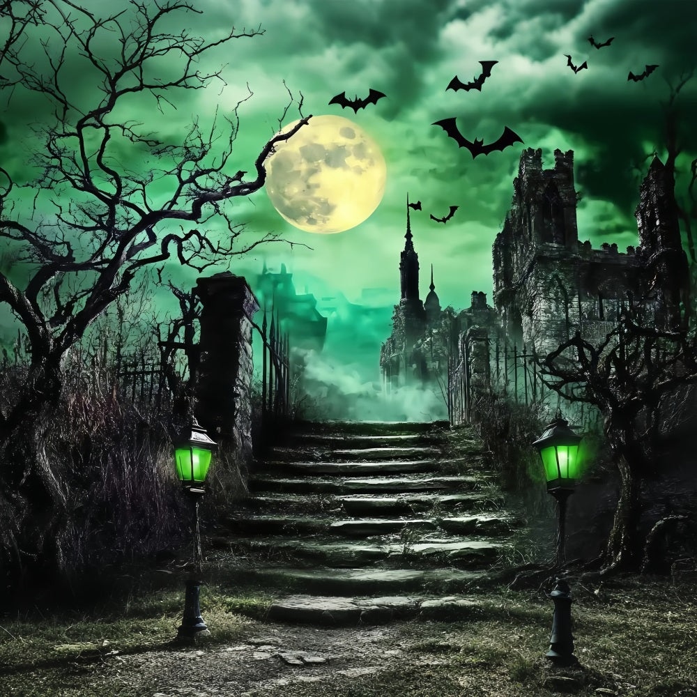 Halloween Graveyard Backdrop Haunted Castle Stairs under Green Moon Halloween Photo Backdrops TWW58-52