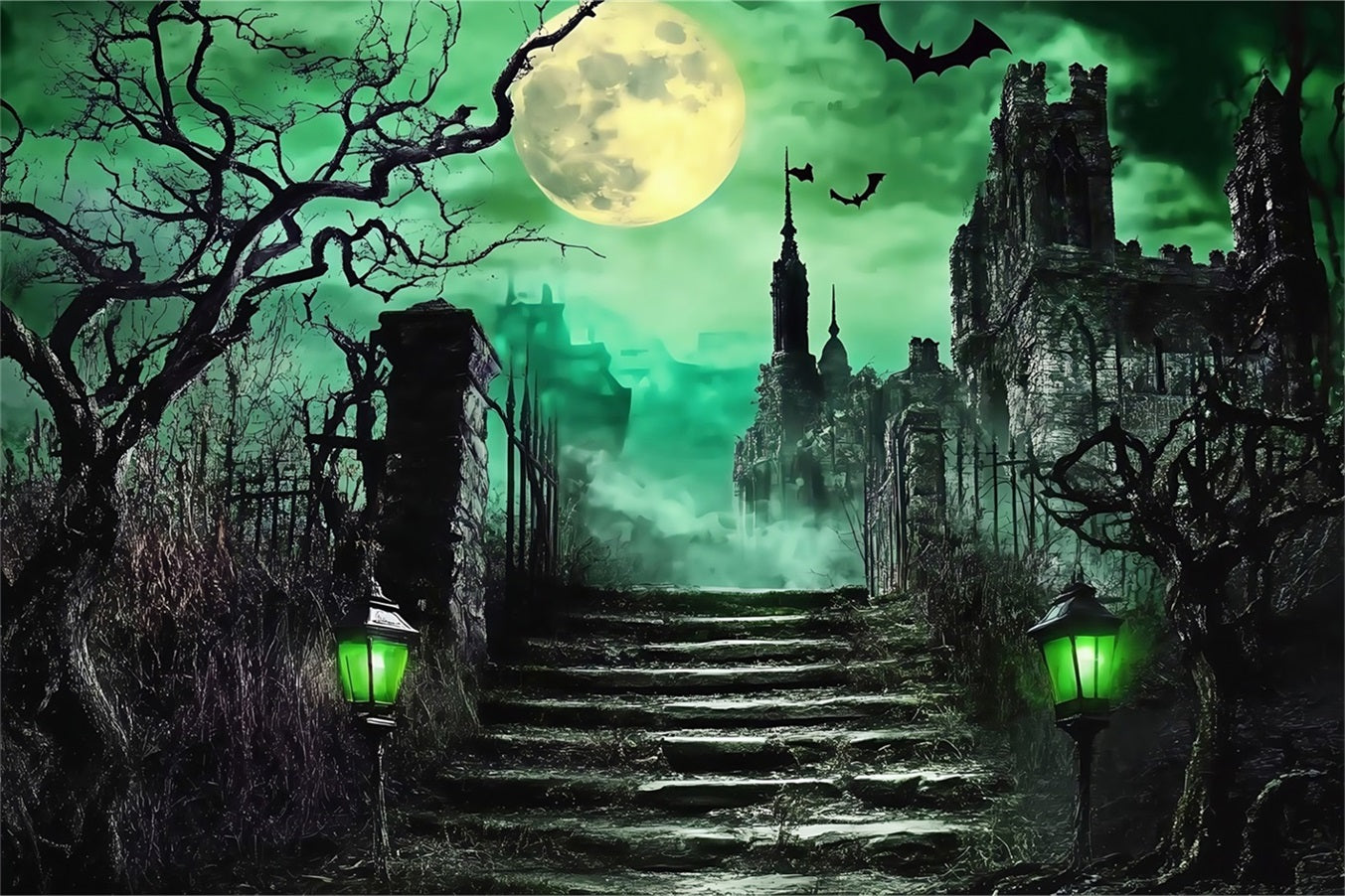 Halloween Graveyard Backdrop Haunted Castle Stairs under Green Moon Halloween Photo Backdrops TWW58-52