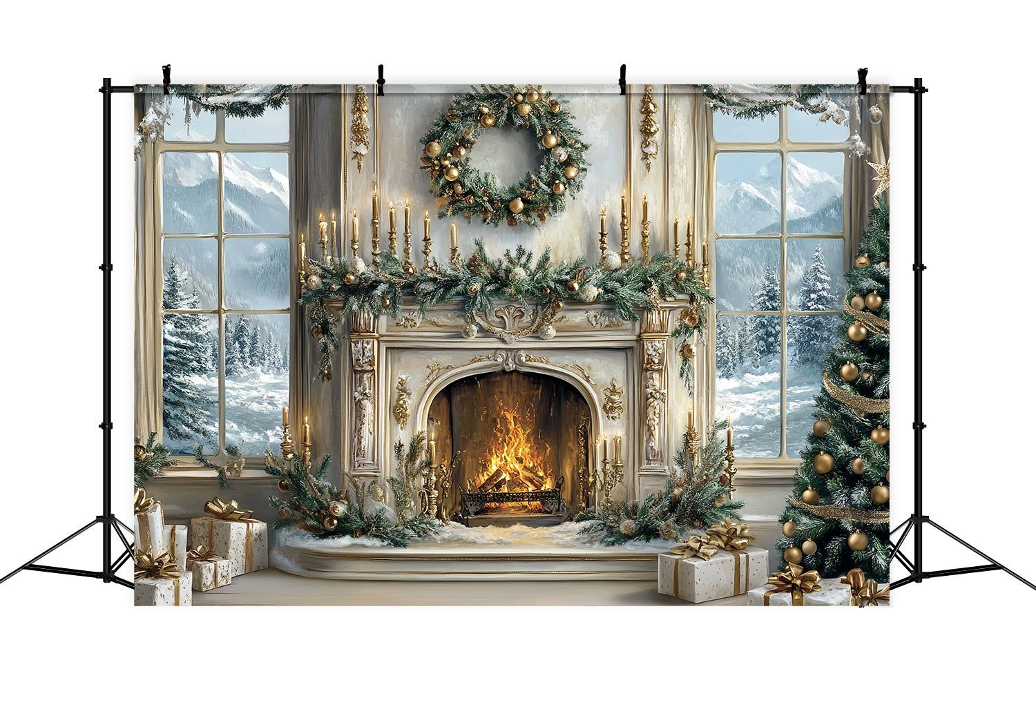 Christmas Fireplace Backdrop Elegant White Gold Fireplace Tree Christmas Photo Backdrop TWW58-60