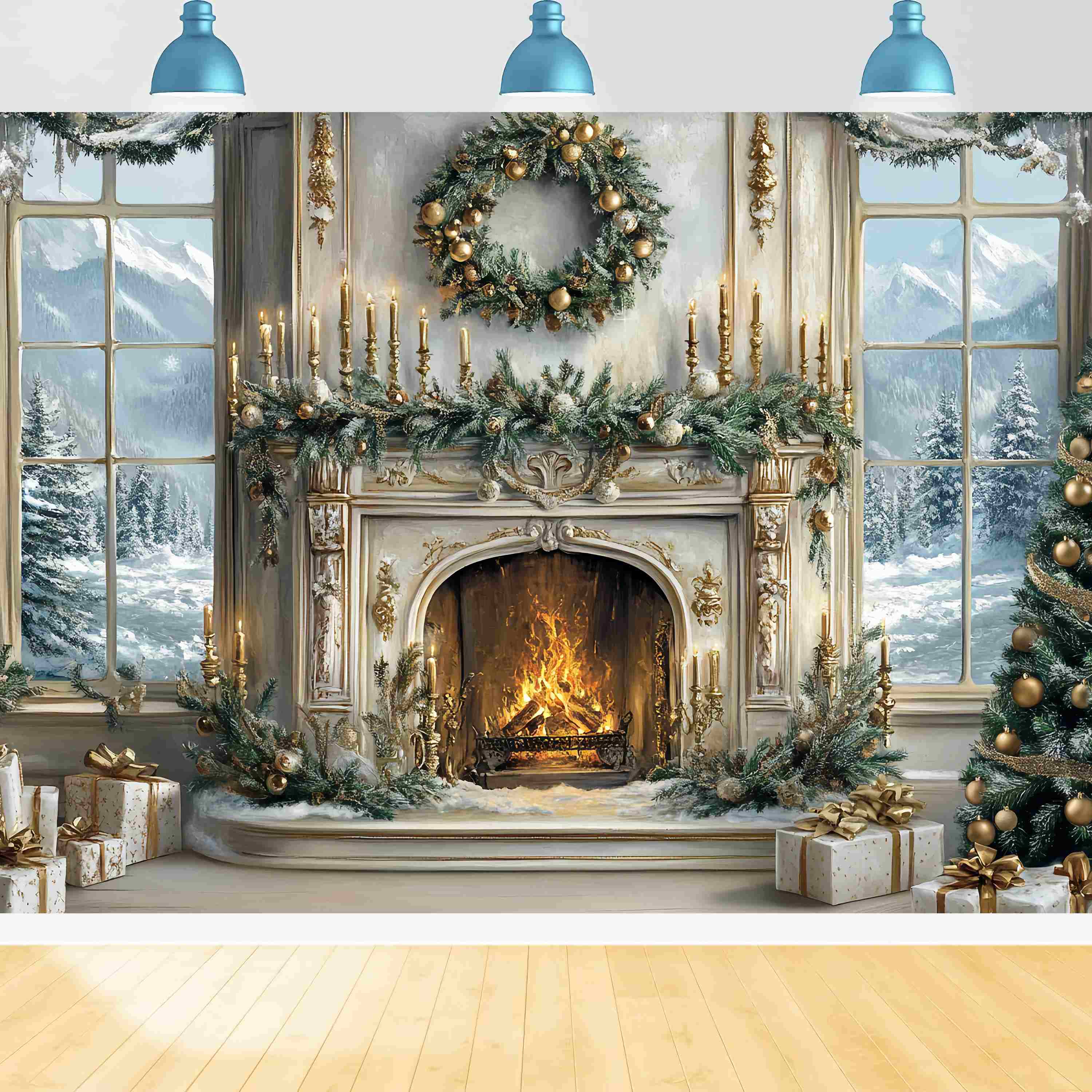 Christmas Fireplace Backdrop Elegant White Gold Fireplace Tree Christmas Photo Backdrop TWW58-60