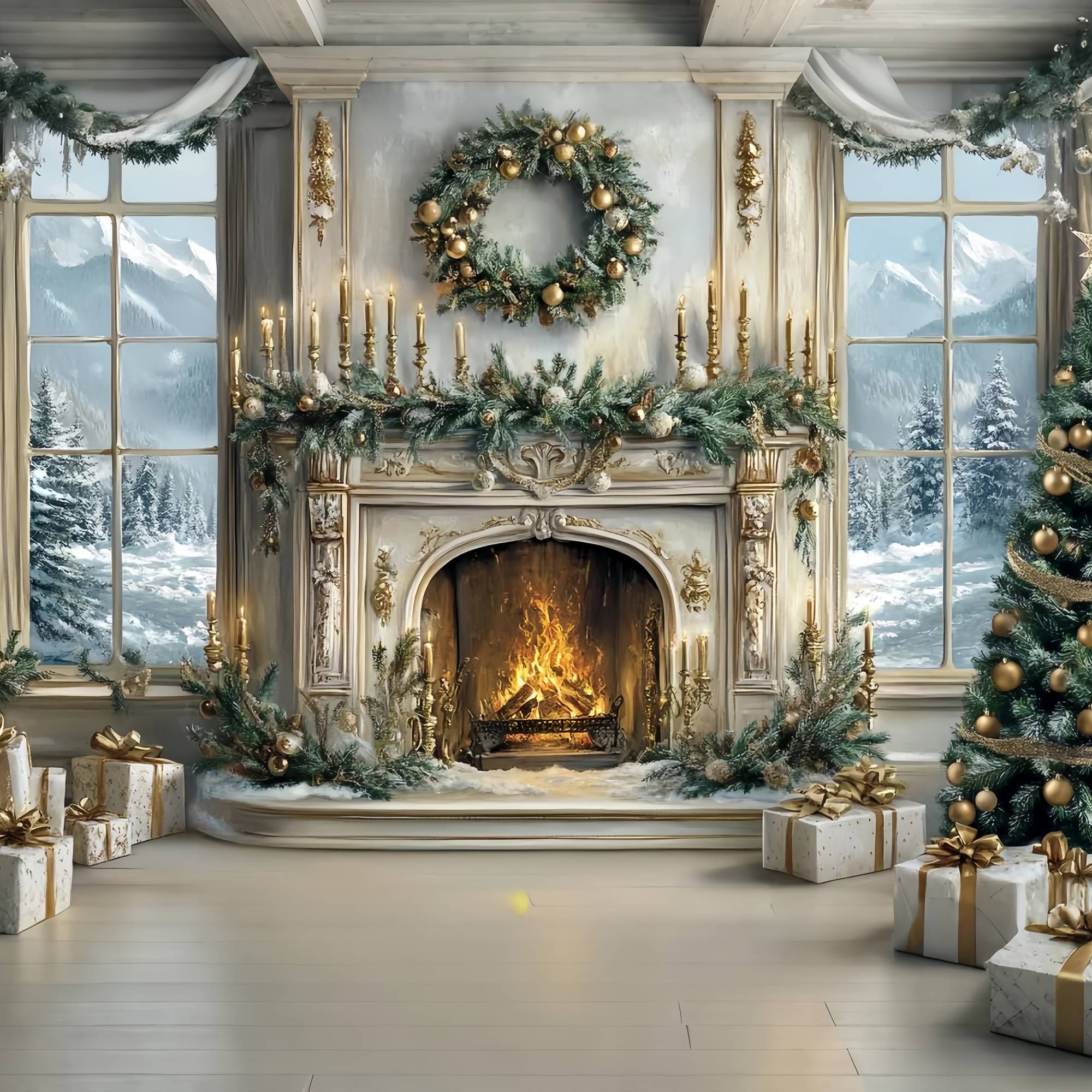 Christmas Fireplace Backdrop Elegant White Gold Fireplace Tree Christmas Photo Backdrop TWW58-60