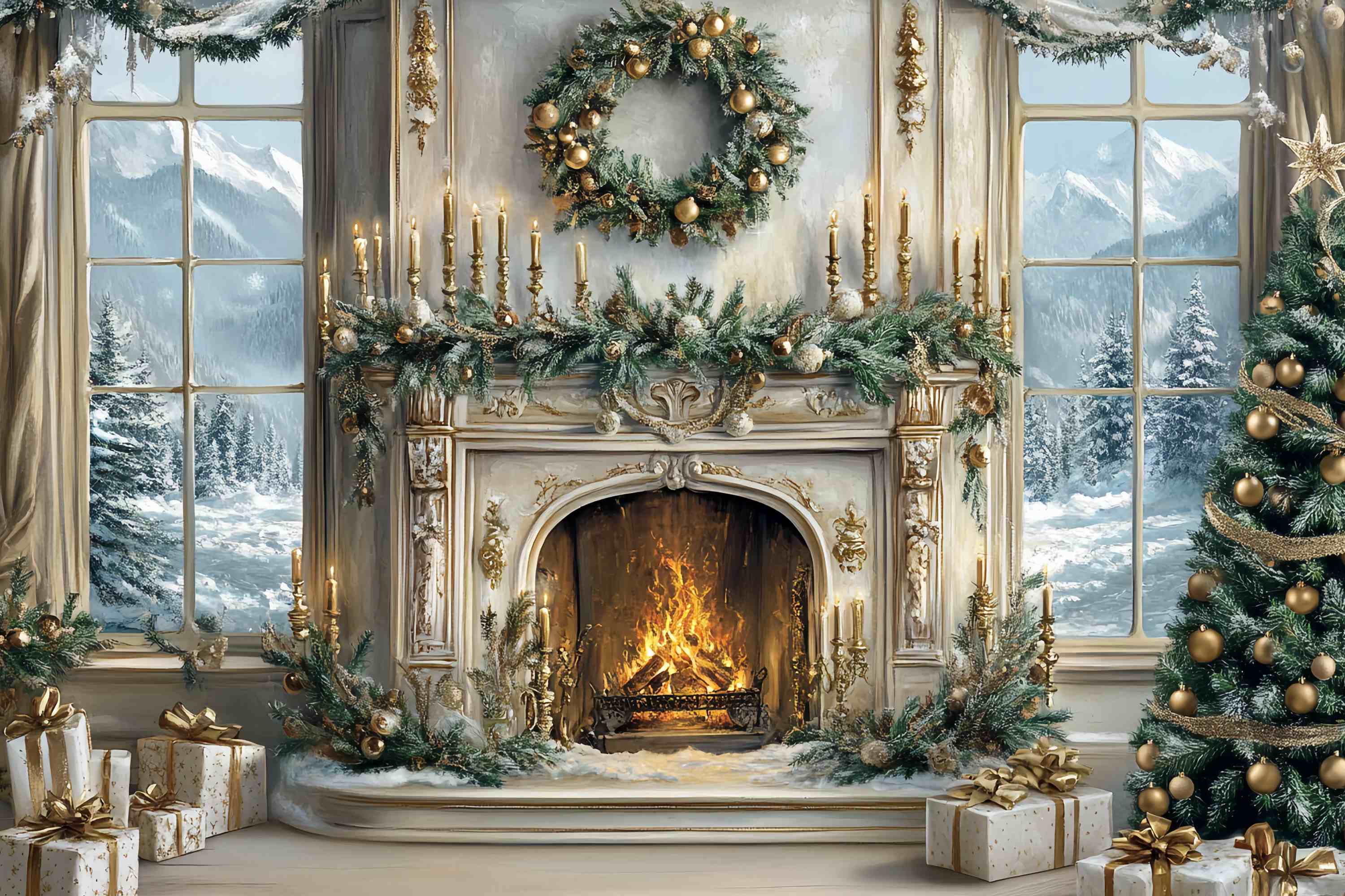 Christmas Fireplace Backdrop Elegant White Gold Fireplace Tree Christmas Photo Backdrop TWW58-60