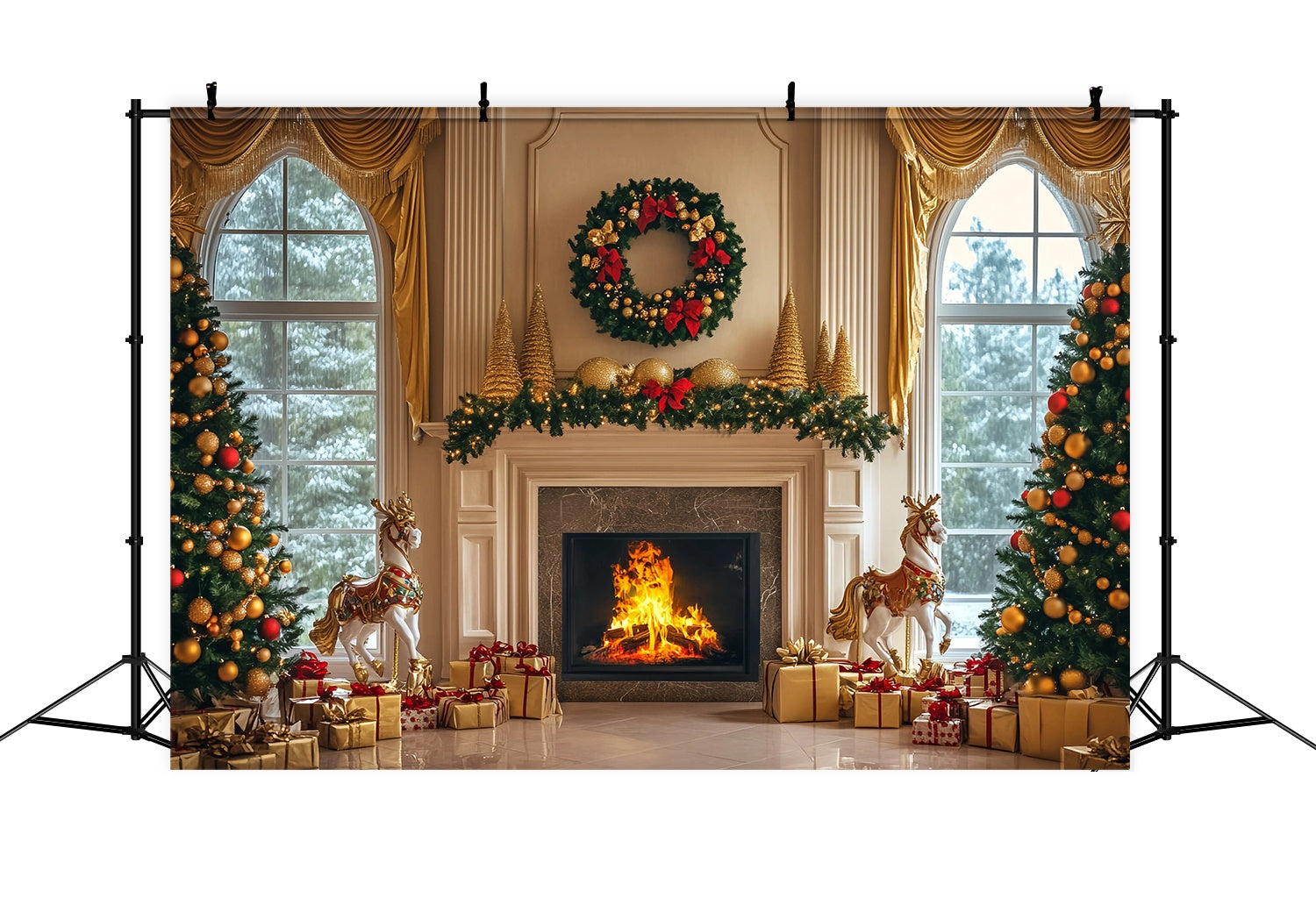 Christmas Fireplace Backdrop Golden Fireplace Wreath Gift Trees Christmas Backdrop Photography TWW58-61