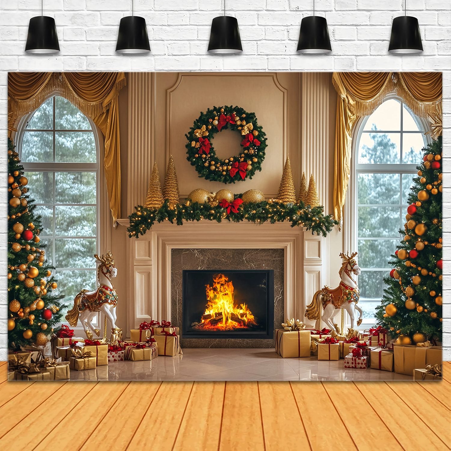 Christmas Fireplace Backdrop Golden Fireplace Wreath Gift Trees Christmas Backdrop Photography TWW58-61