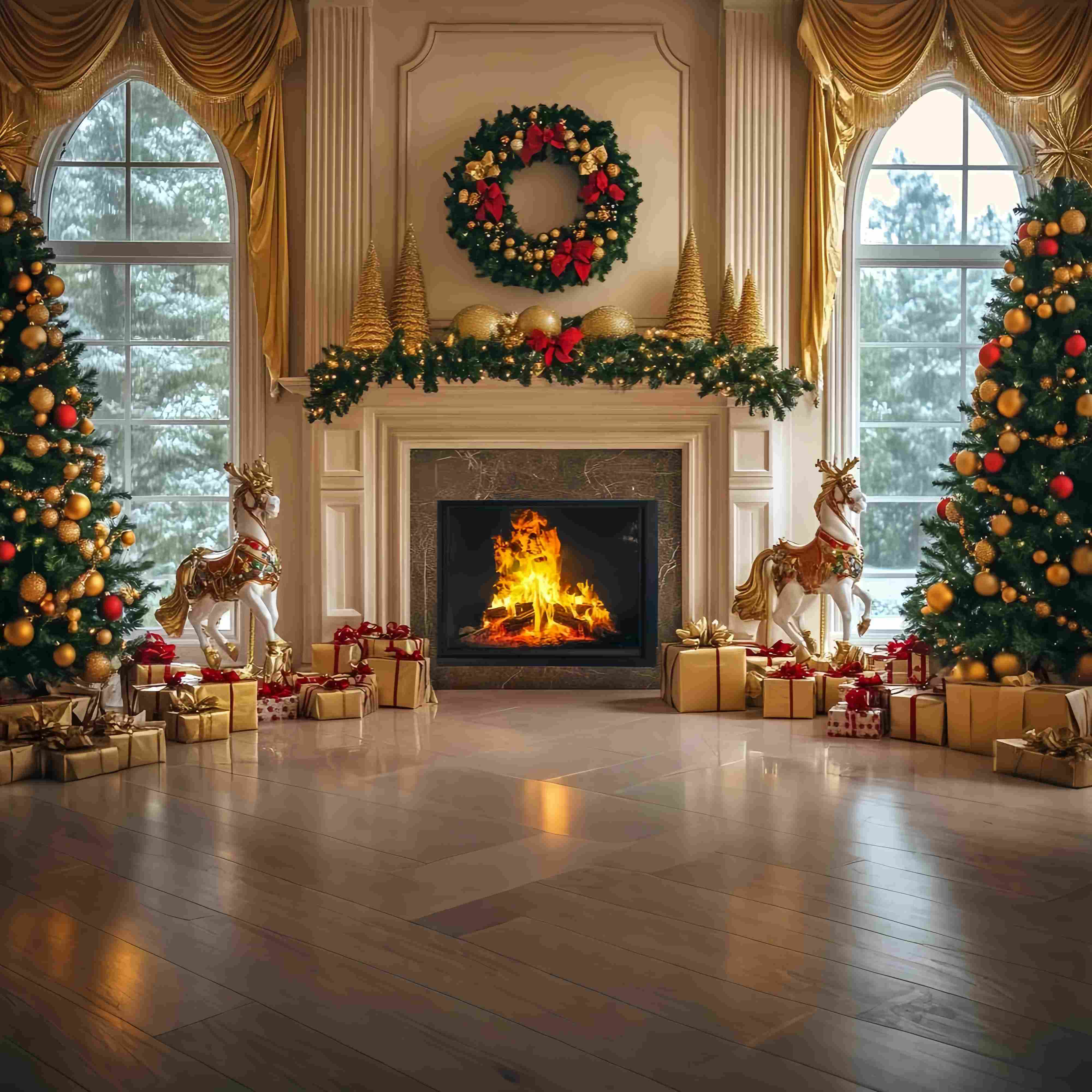 Christmas Fireplace Backdrop Golden Fireplace Wreath Gift Trees Christmas Backdrop Photography TWW58-61