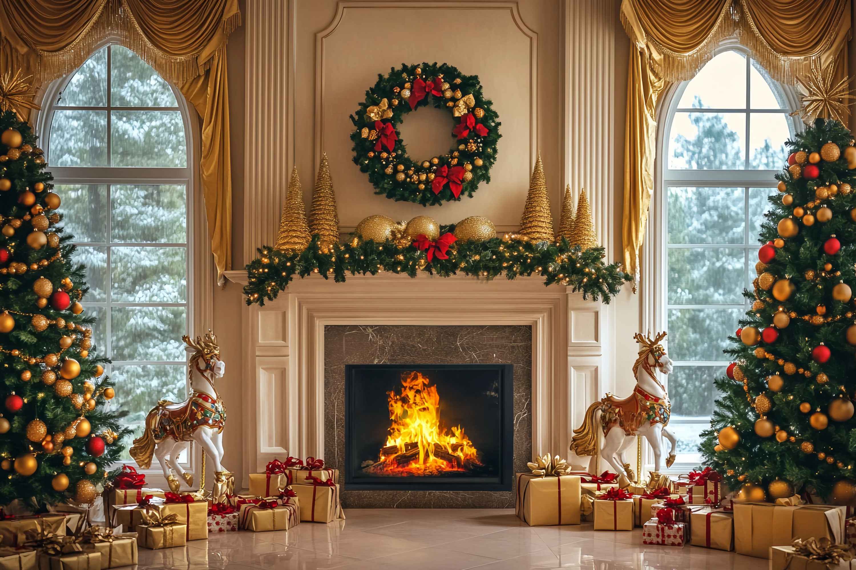 Christmas Fireplace Backdrop Golden Fireplace Wreath Gift Trees Christmas Backdrop Photography TWW58-61