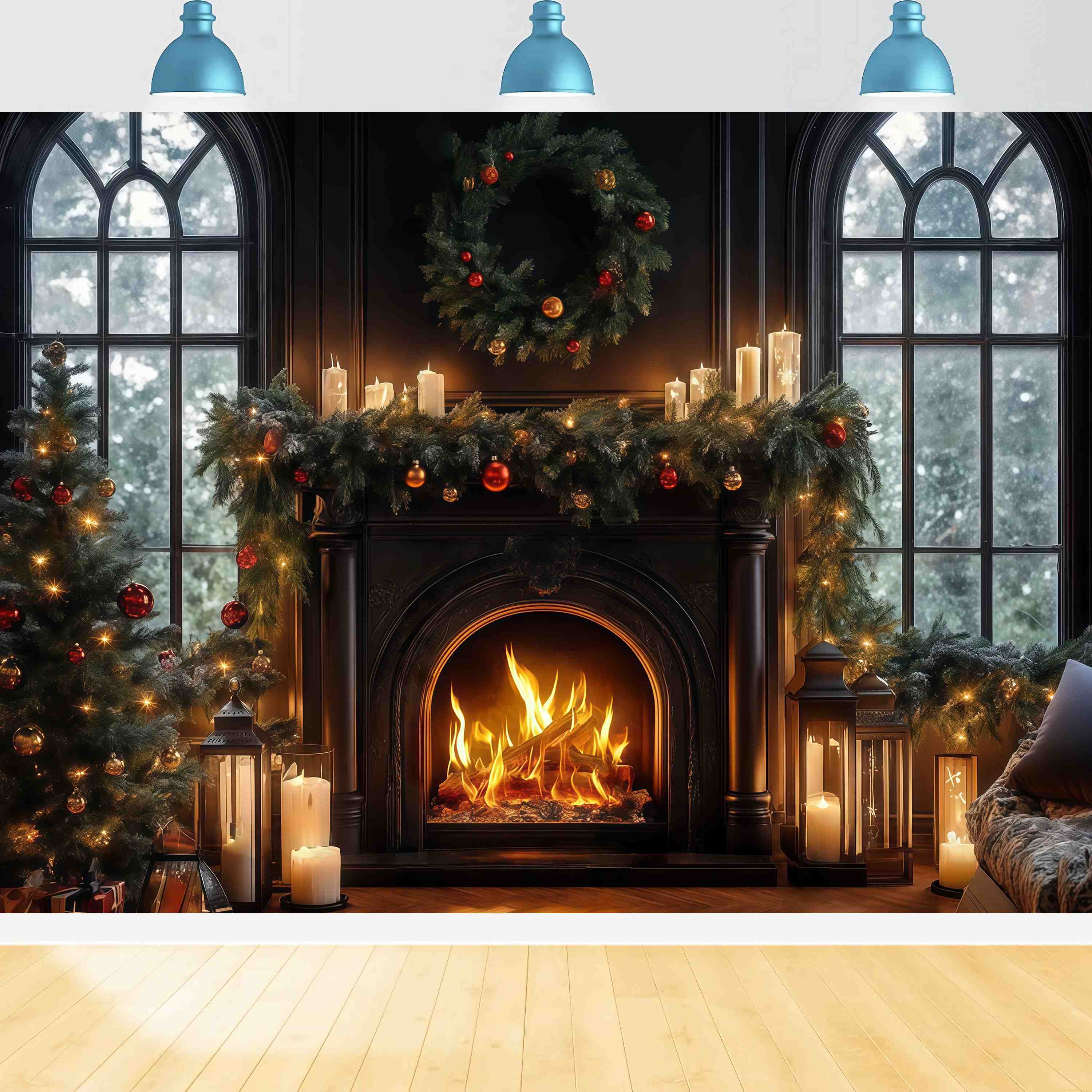 Christmas Fireplace Backdrop Candlelit Black Fireplace Wreath Christmas Backdrop Photography TWW58-64