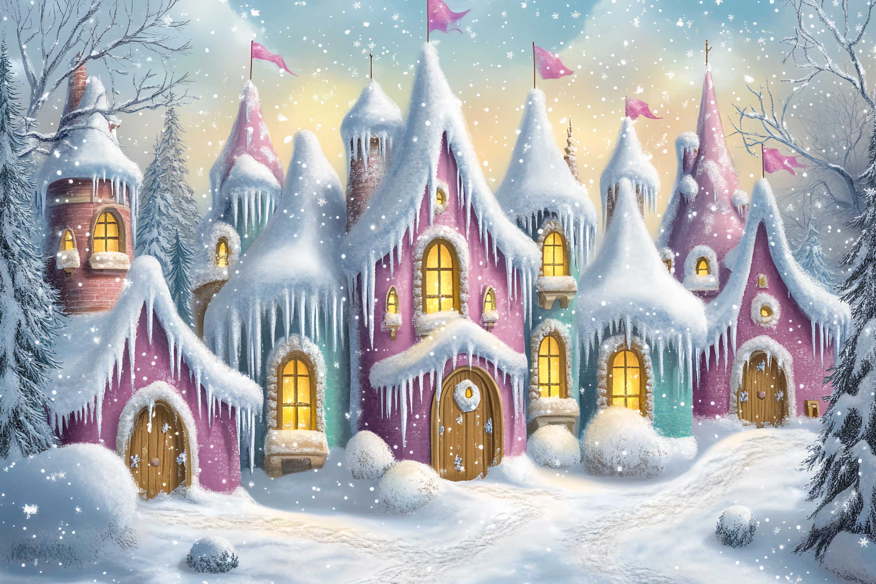 Christmas Village Backdrop Candy Color Icicle Cottage Row Backdrop Christmas TWW58-66