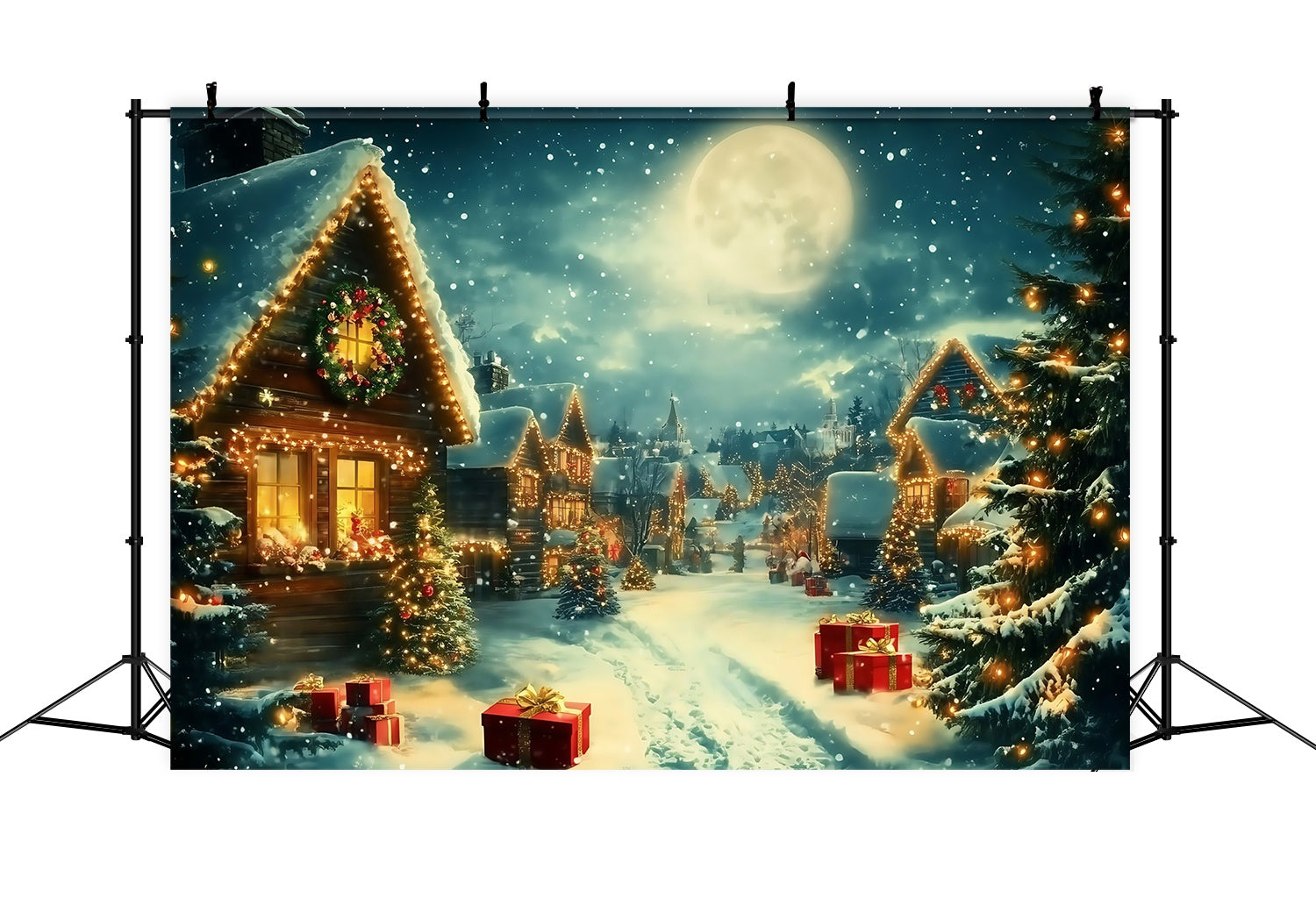 Christmas Village Backdrop Moonlit Village Snow Lights Gifts Christmas Backdrops TWW58-68