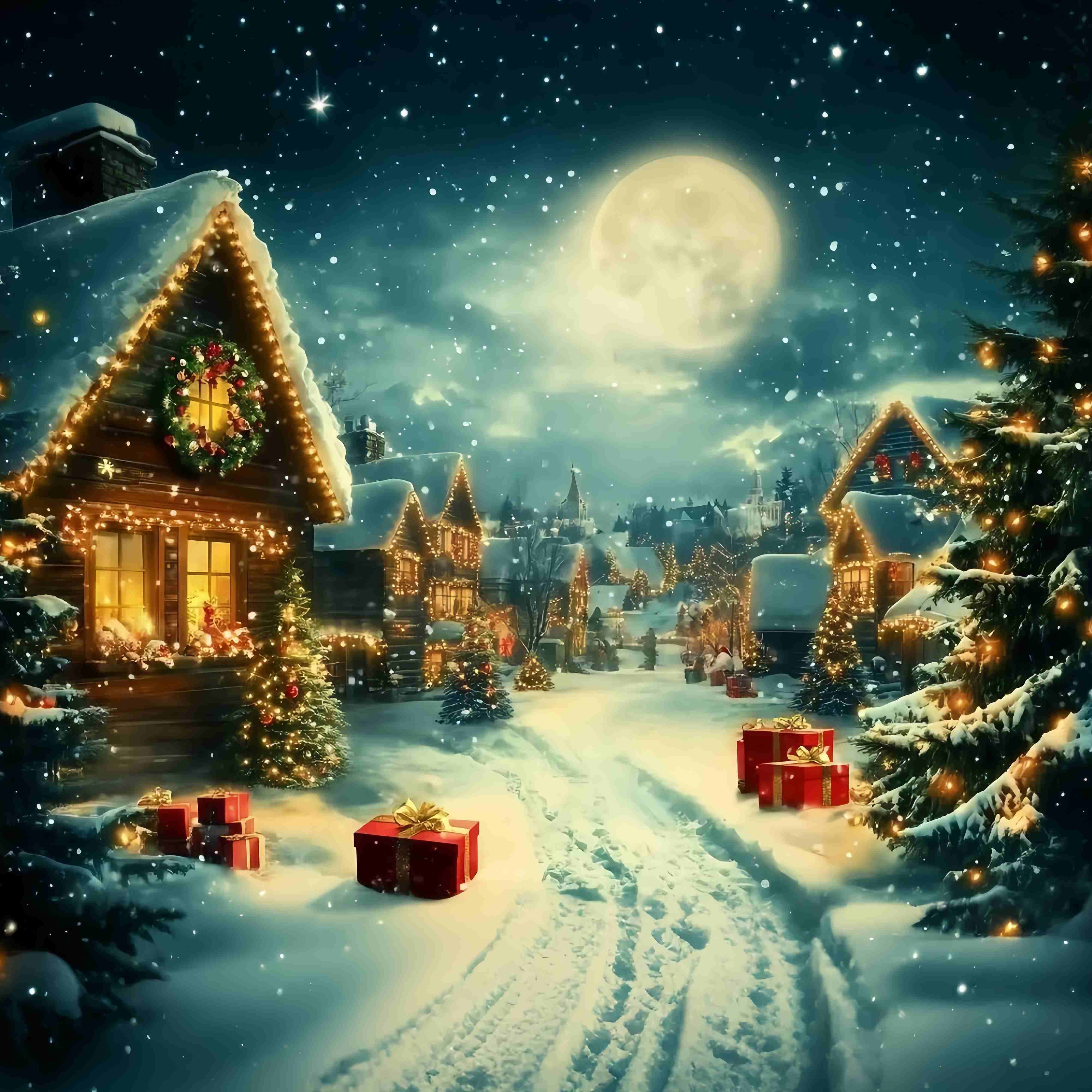 Christmas Village Backdrop Moonlit Village Snow Lights Gifts Christmas Backdrops TWW58-68