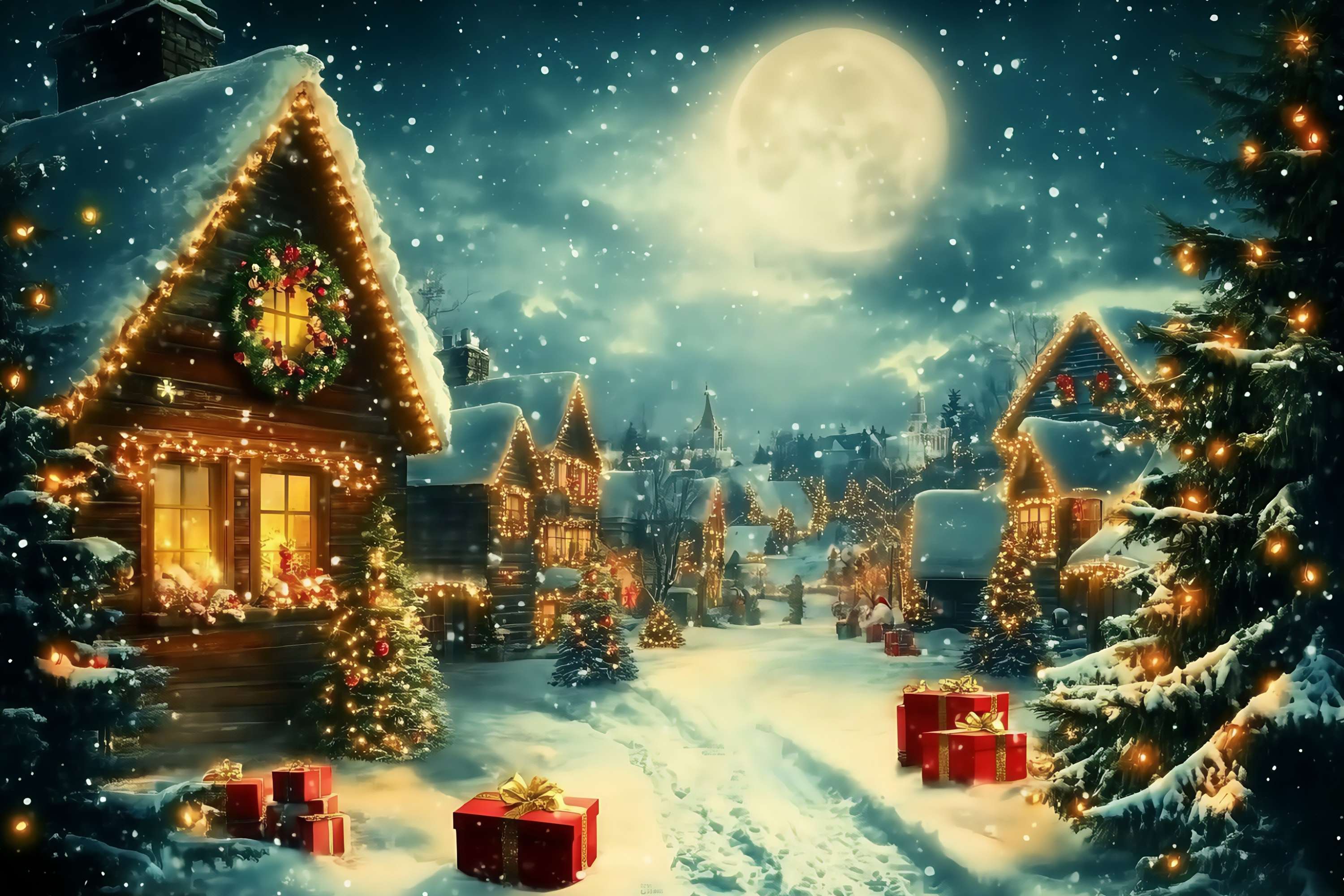 Christmas Village Backdrop Moonlit Village Snow Lights Gifts Christmas Backdrops TWW58-68