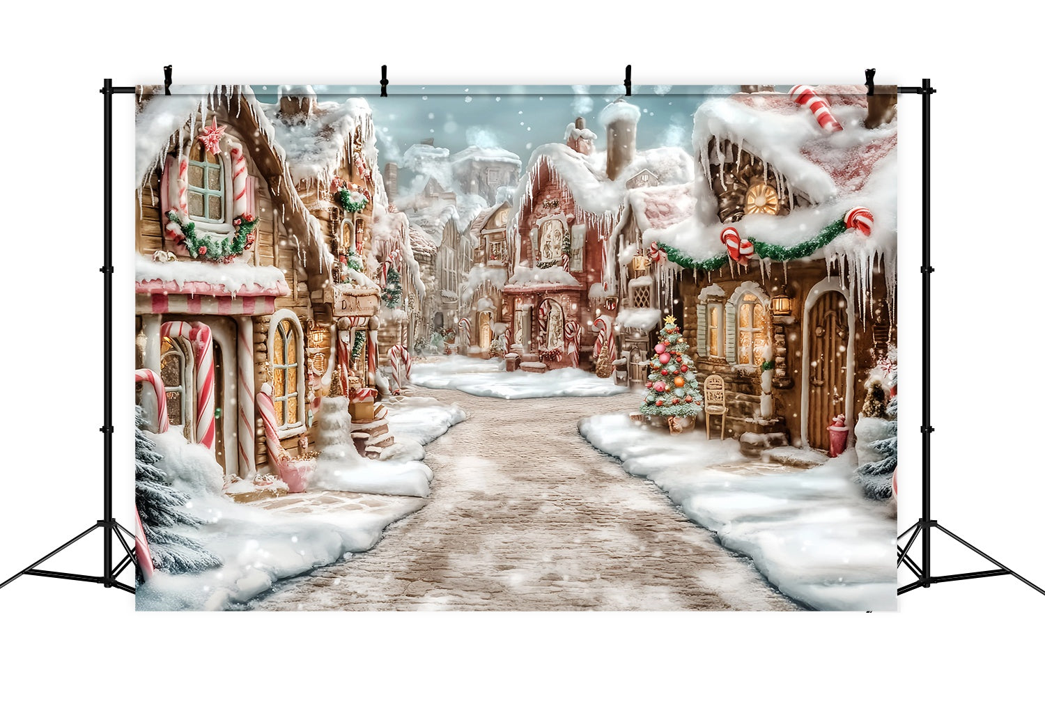 Candyland Christmas Backdrop Frosted Gingerbread Village Candy Cane Path Christmas Photo Backdrop TWW58-70