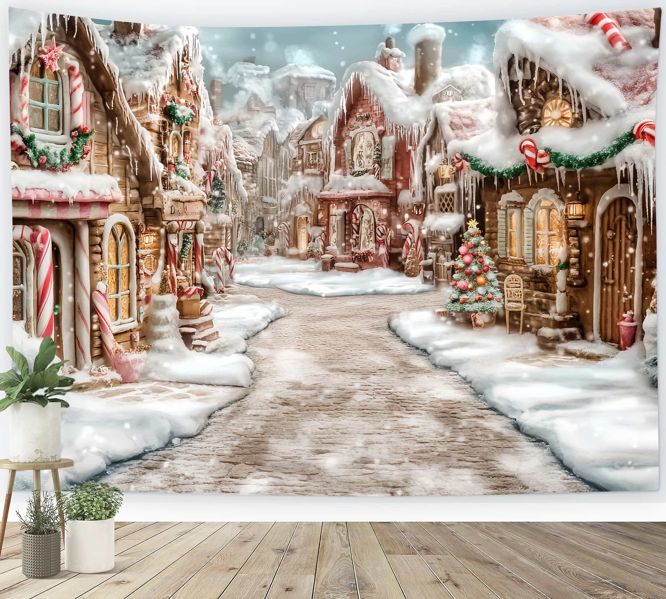 Candyland Christmas Backdrop Frosted Gingerbread Village Candy Cane Path Christmas Photo Backdrop TWW58-70