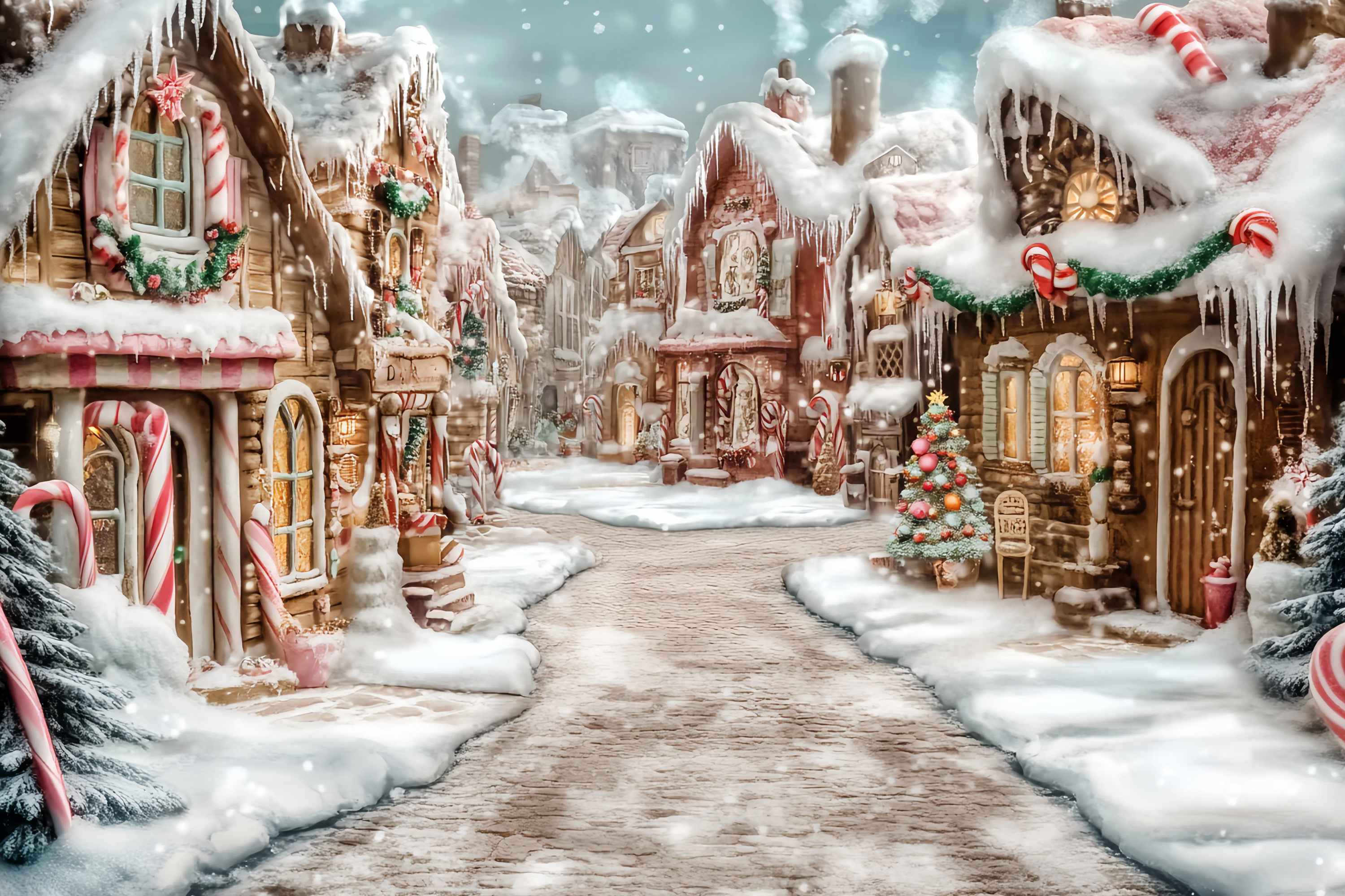 Candyland Christmas Backdrop Frosted Gingerbread Village Candy Cane Path Christmas Photo Backdrop TWW58-70