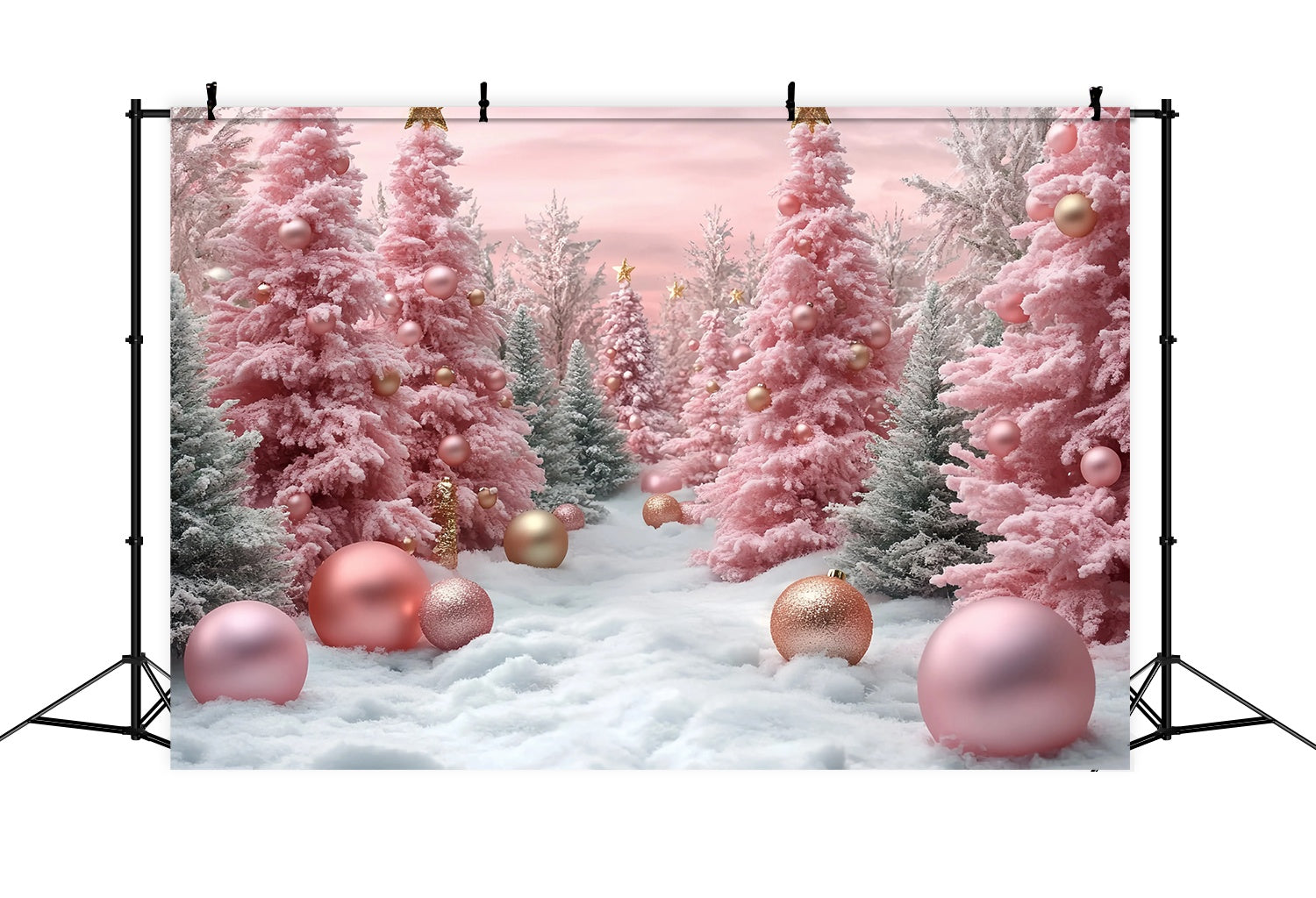 Pink Christmas Backdrop Pink Frosted Christmas Trees Snow Ornaments Christmas Backdrop TWW58-71