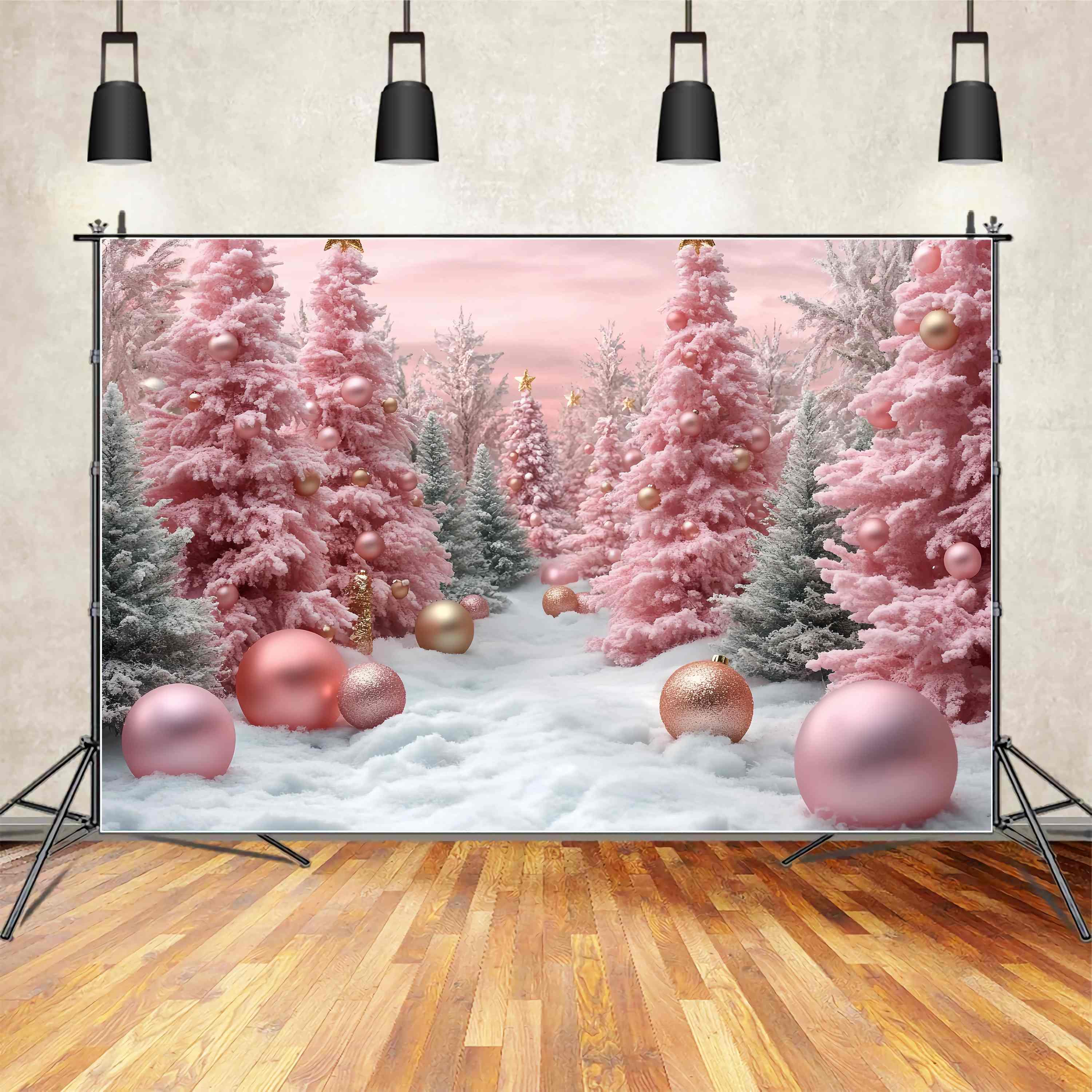 Pink Christmas Backdrop Pink Frosted Christmas Trees Snow Ornaments Christmas Backdrop TWW58-71