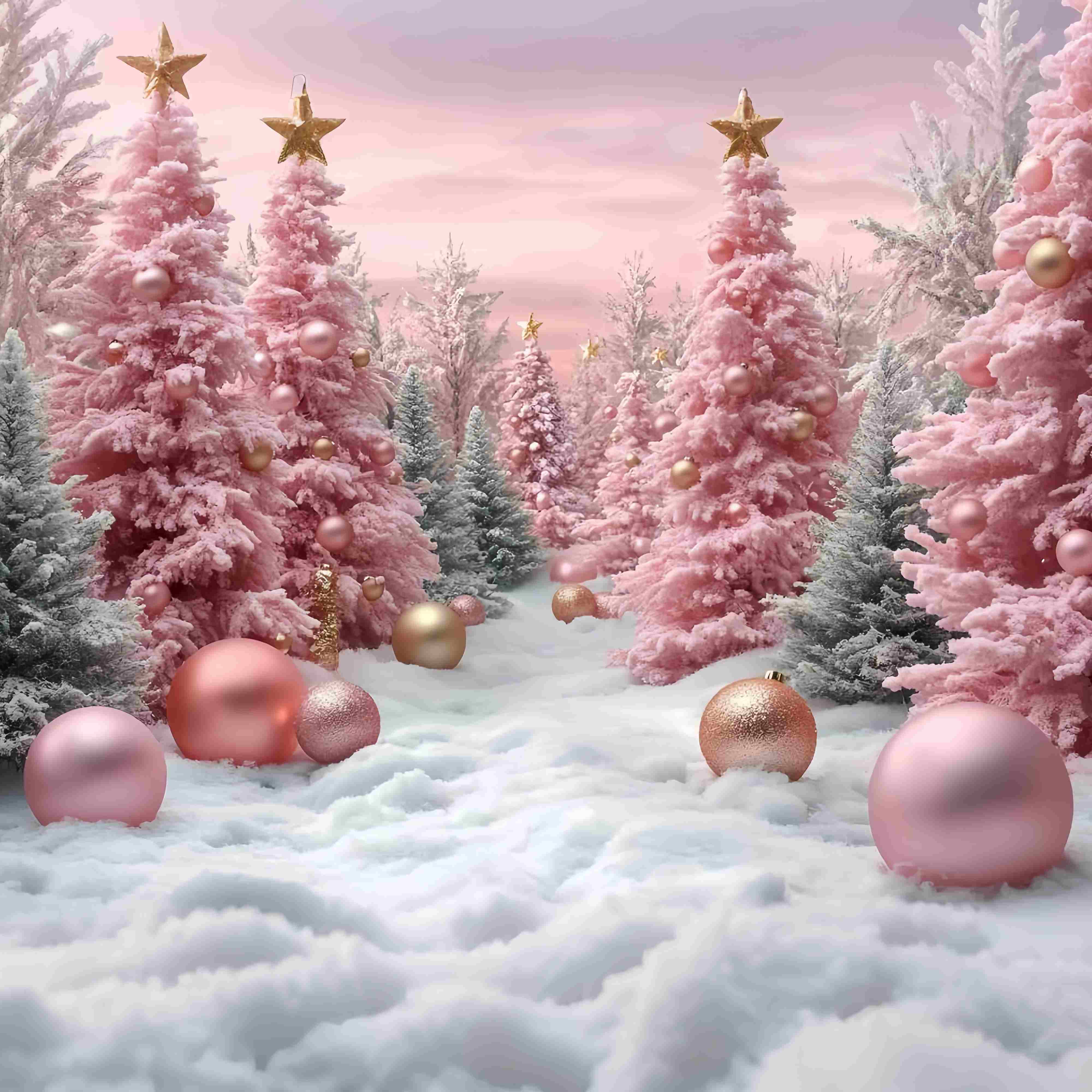 Pink Christmas Backdrop Pink Frosted Christmas Trees Snow Ornaments Christmas Backdrop TWW58-71