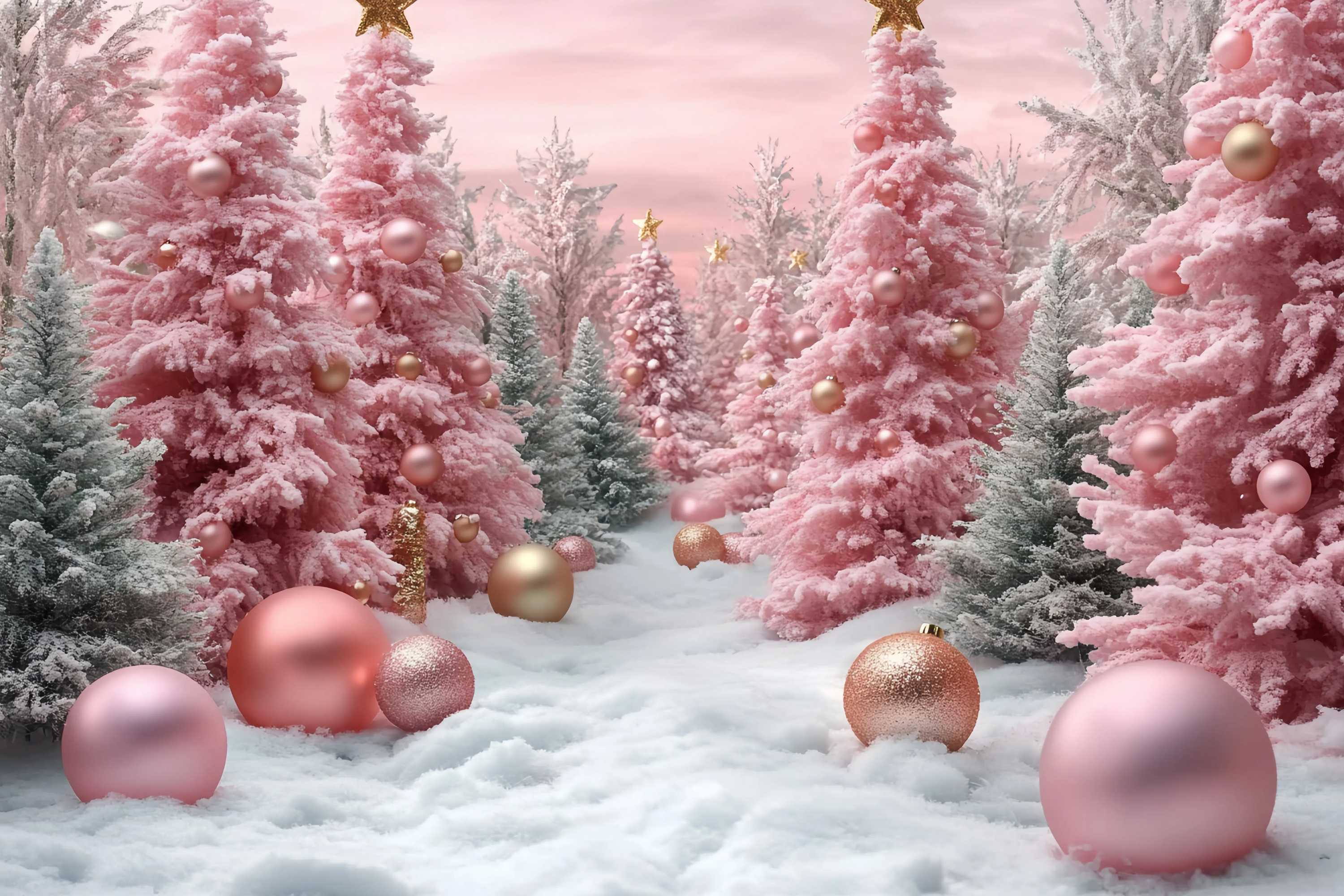 Pink Christmas Backdrop Pink Frosted Christmas Trees Snow Ornaments Christmas Backdrop TWW58-71
