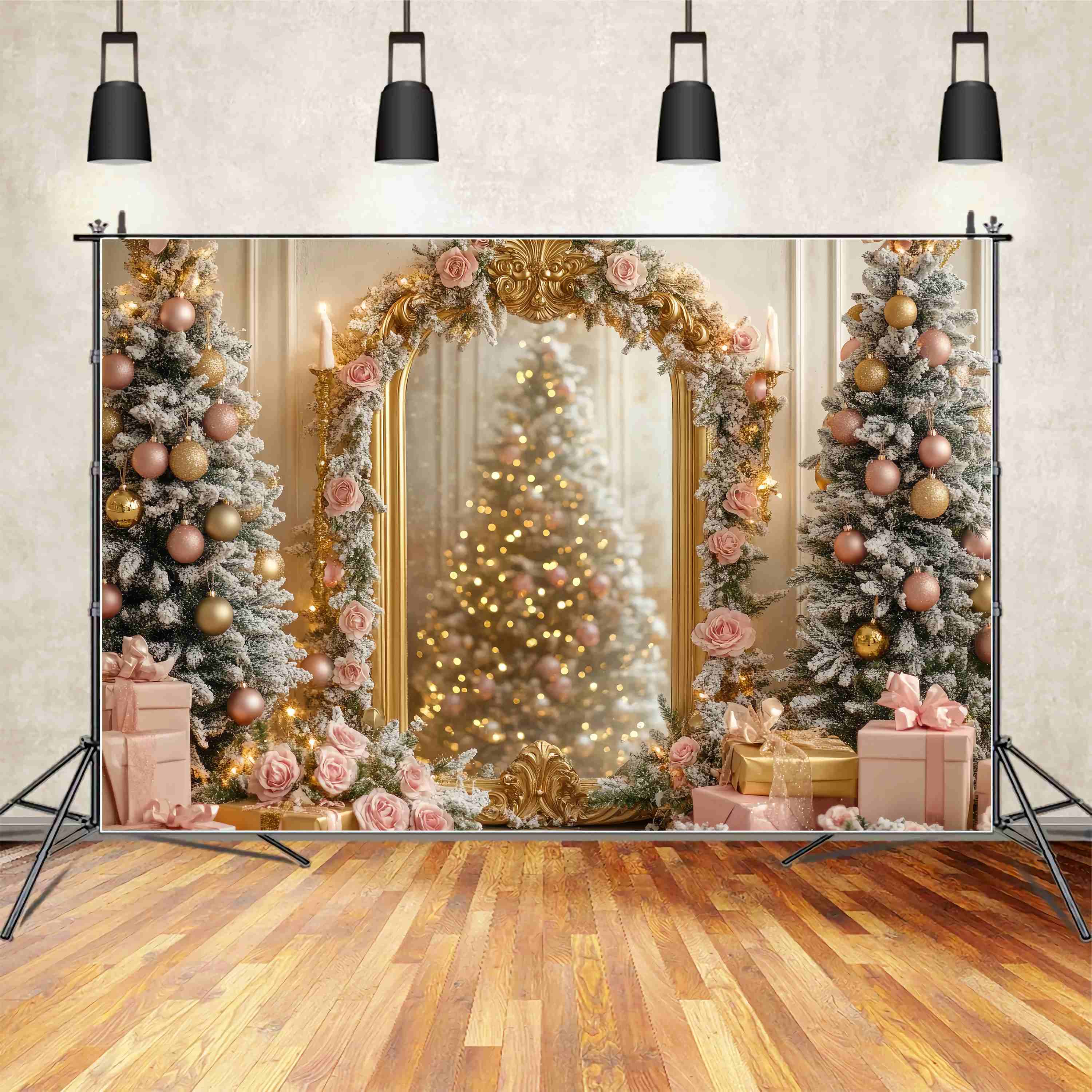 Christmas Tree Backdrop Golden Mirror Pink Rose Tree Glow Christmas Backdrops TWW58-75