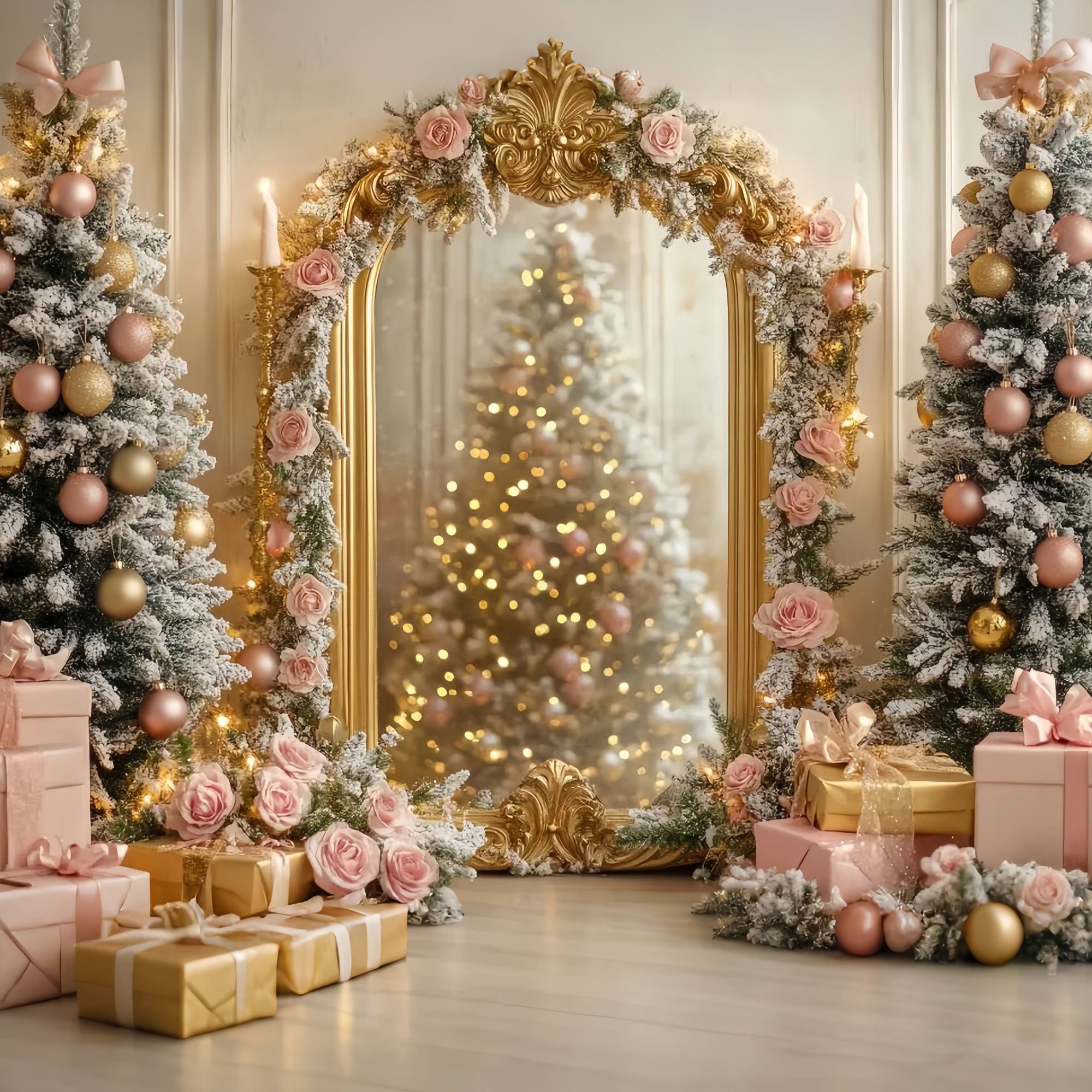 Christmas Tree Backdrop Golden Mirror Pink Rose Tree Glow Christmas Backdrops TWW58-75