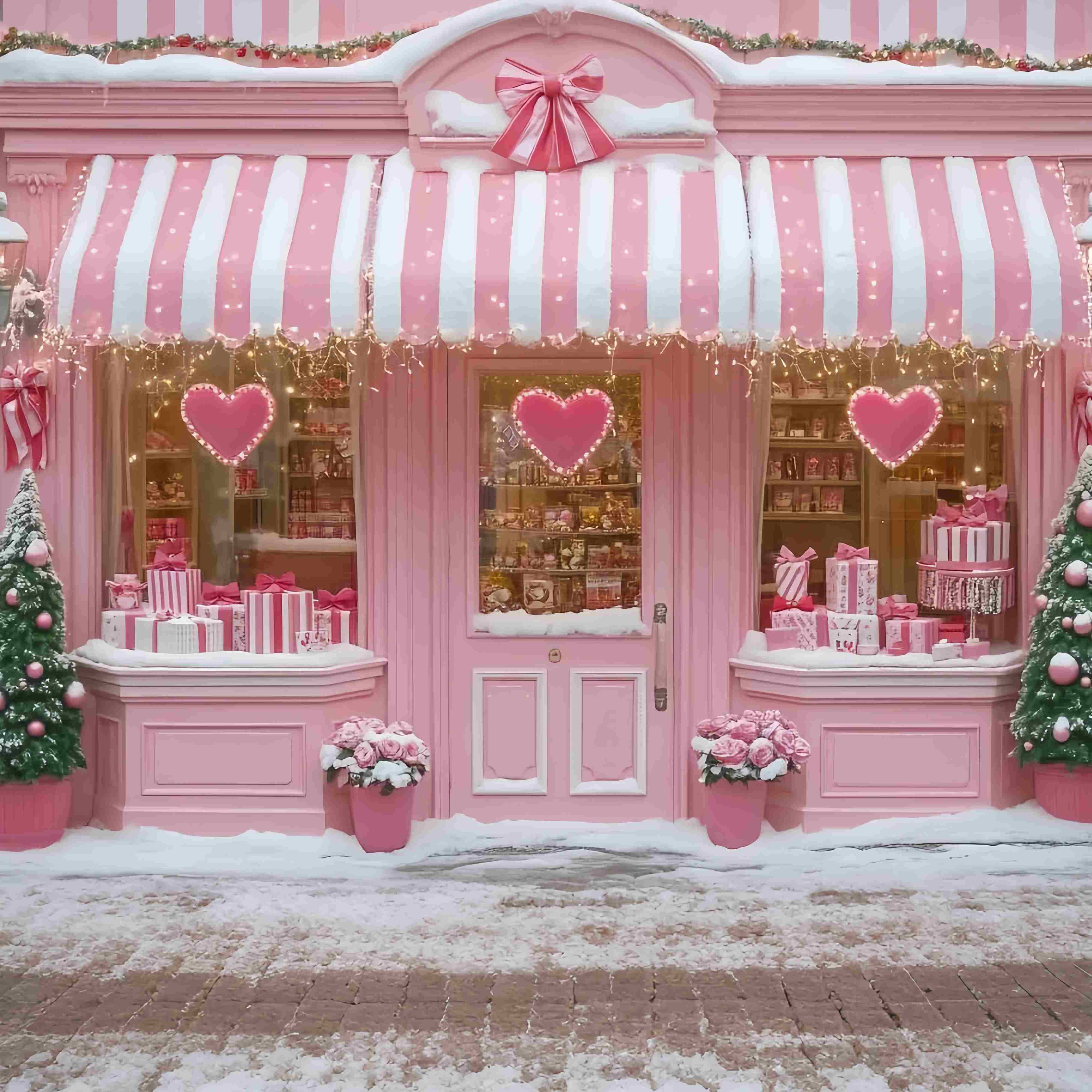 Pink Christmas Backdrop Pink Heart Candy Shop Holiday Charm Christmas Backdrops Sale TWW58-76