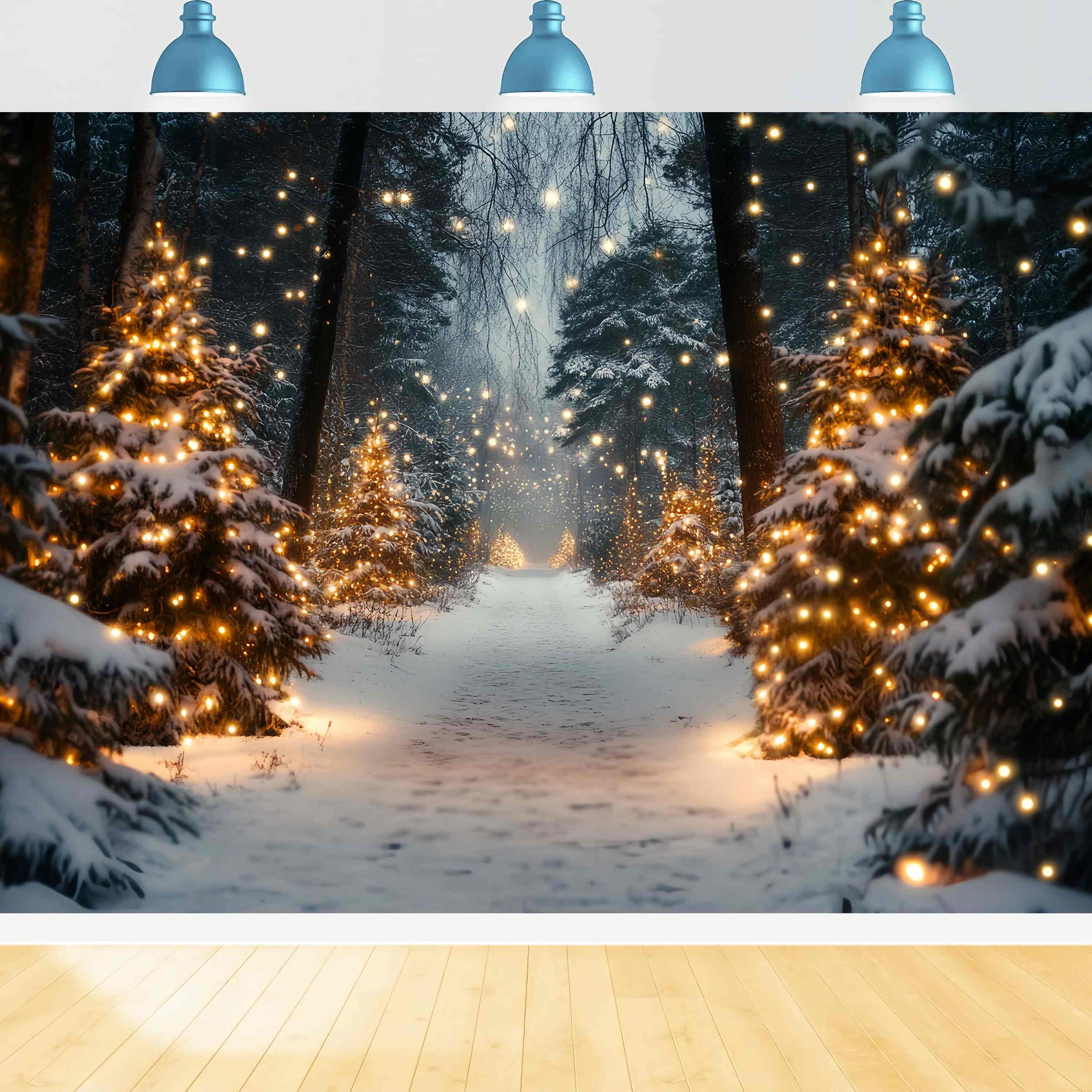 Christmas Tree Farm Backdrop Golden Light Snowy Forest Pathway Christmas Photography Backdrops TWW58-80