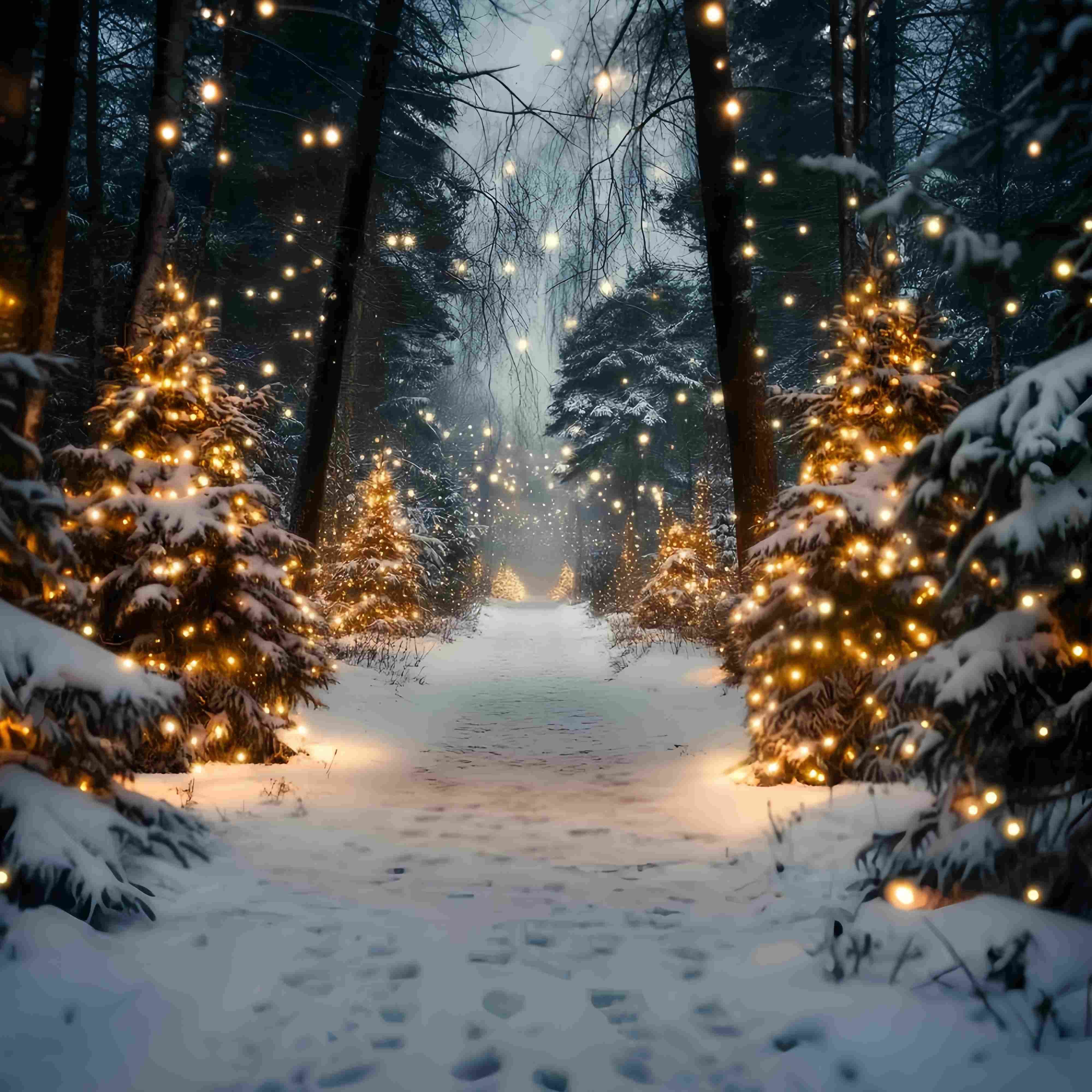 Christmas Tree Farm Backdrop Golden Light Snowy Forest Pathway Christmas Photography Backdrops TWW58-80