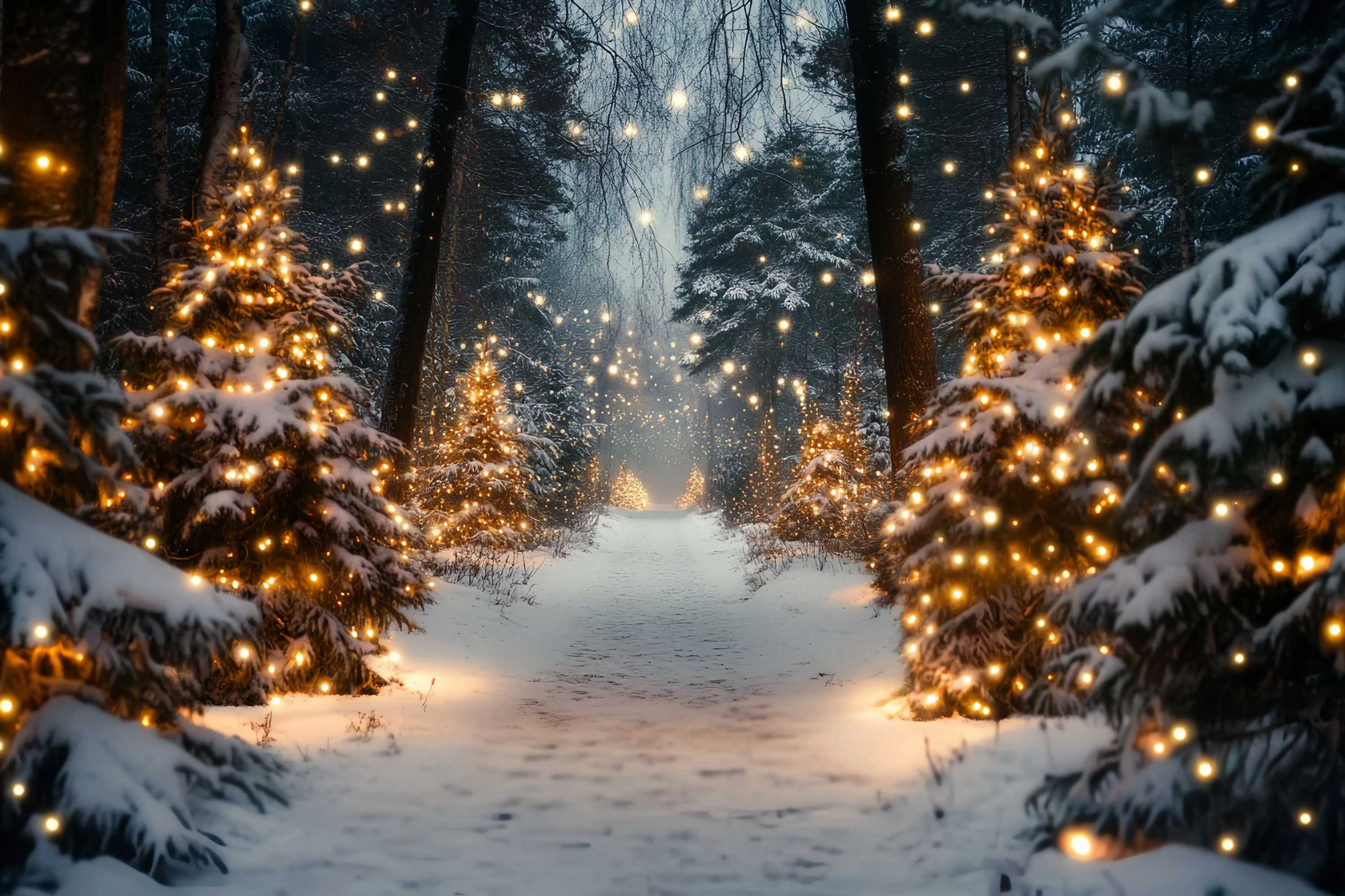 Christmas Tree Farm Backdrop Golden Light Snowy Forest Pathway Christmas Photography Backdrops TWW58-80