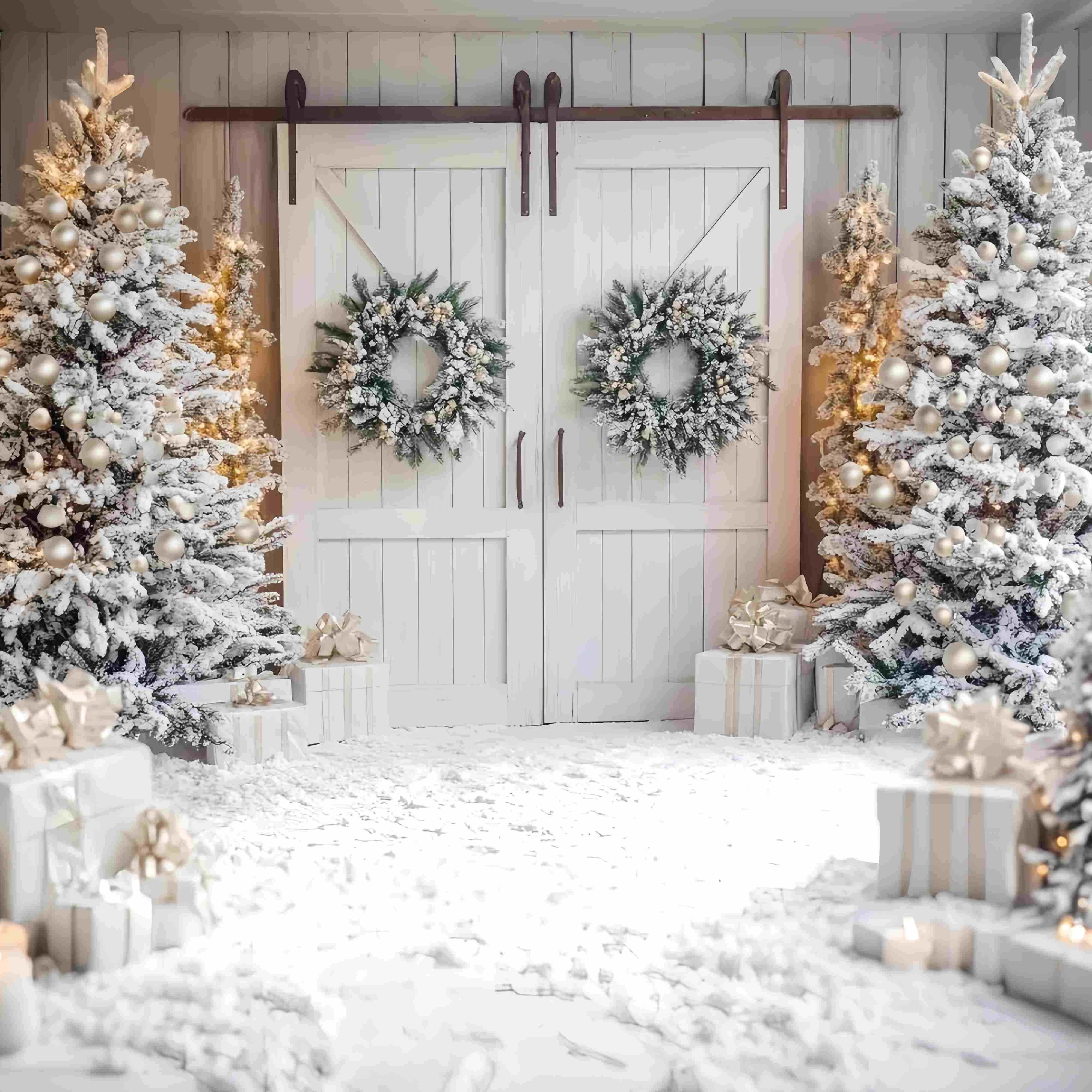 White Christmas Backdrop Snowy Trees White Barn Door Wreaths Christmas Backdrop for Photos TWW58-81