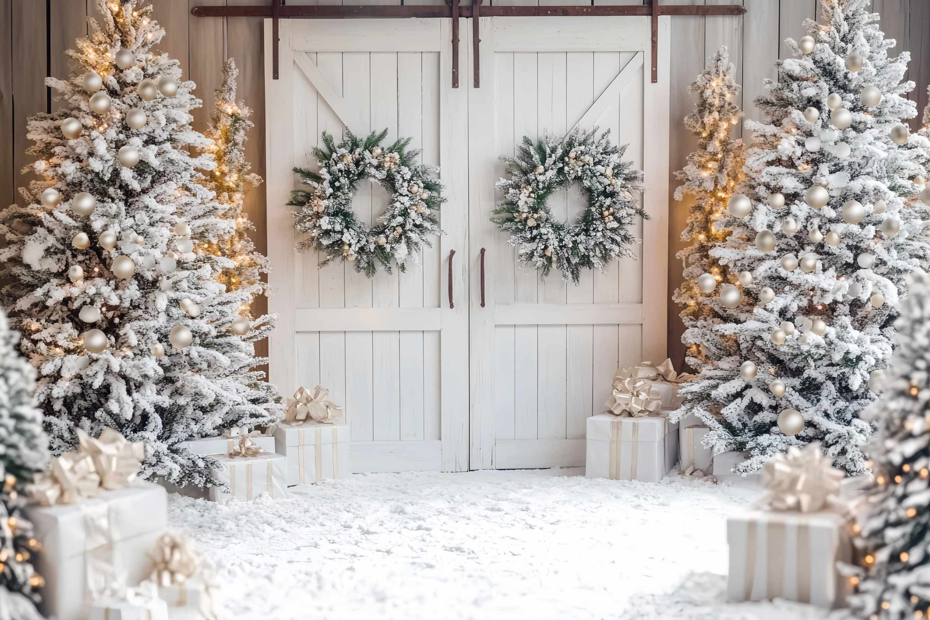 White Christmas Backdrop Snowy Trees White Barn Door Wreaths Christmas Backdrop for Photos TWW58-81