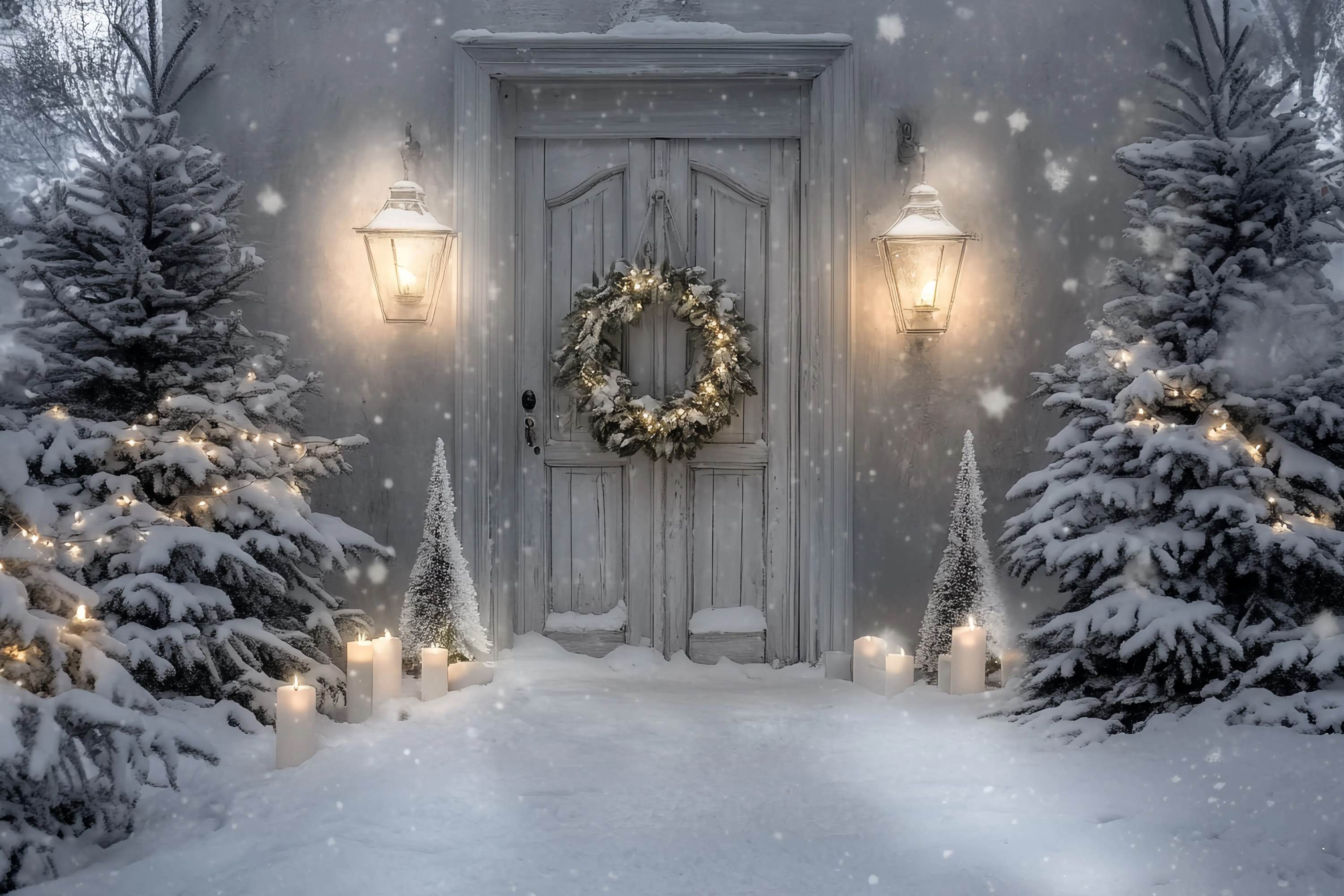 White Christmas Backdrop Snowy Porch Lantern Candle Glow Christmas Photo Backdrop TWW58-82