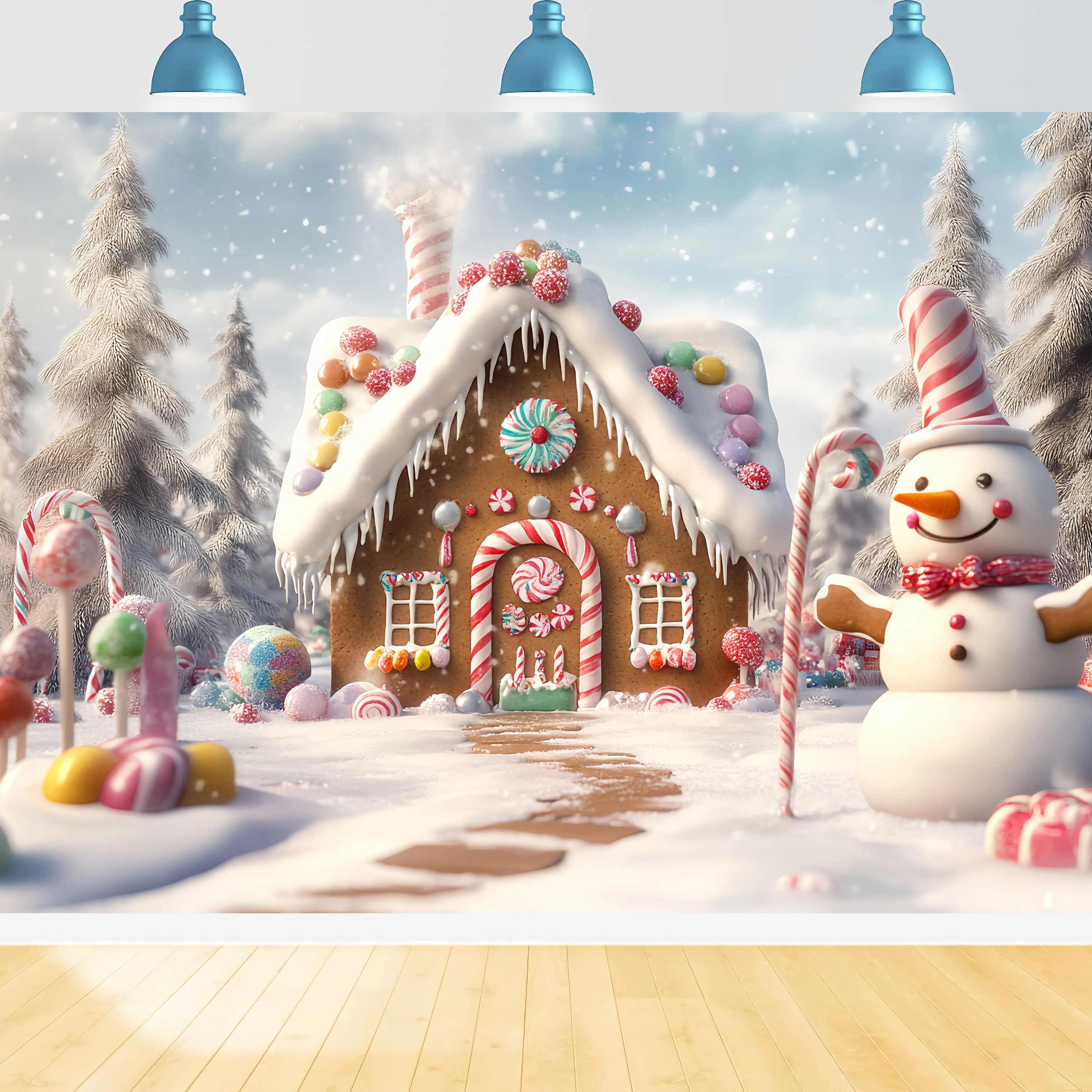 Candyland Christmas Backdrop Gingerbread House Snowman Candy Garden Christmas Backdrops 10x10 TWW58-88