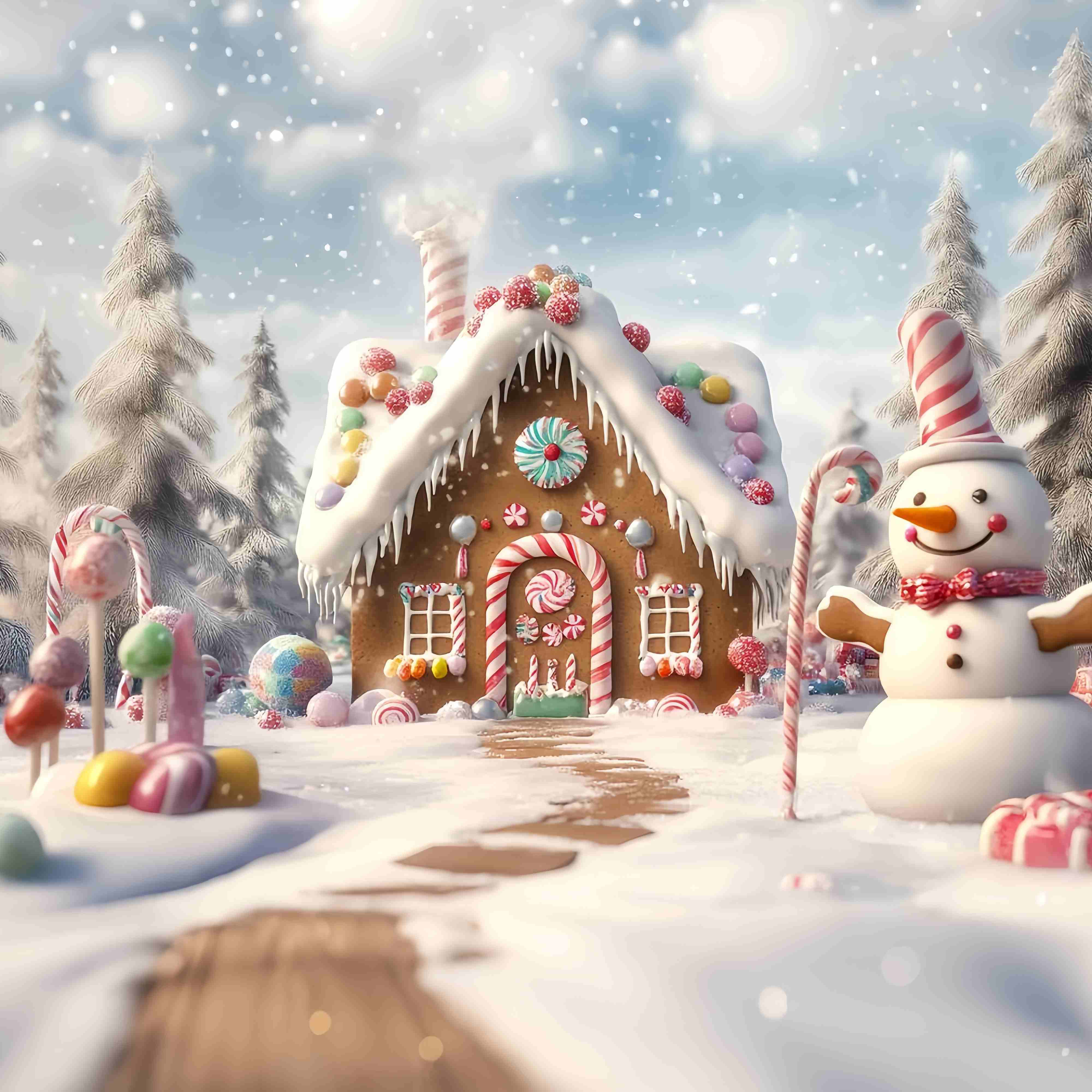 Candyland Christmas Backdrop Gingerbread House Snowman Candy Garden Christmas Backdrops 10x10 TWW58-88