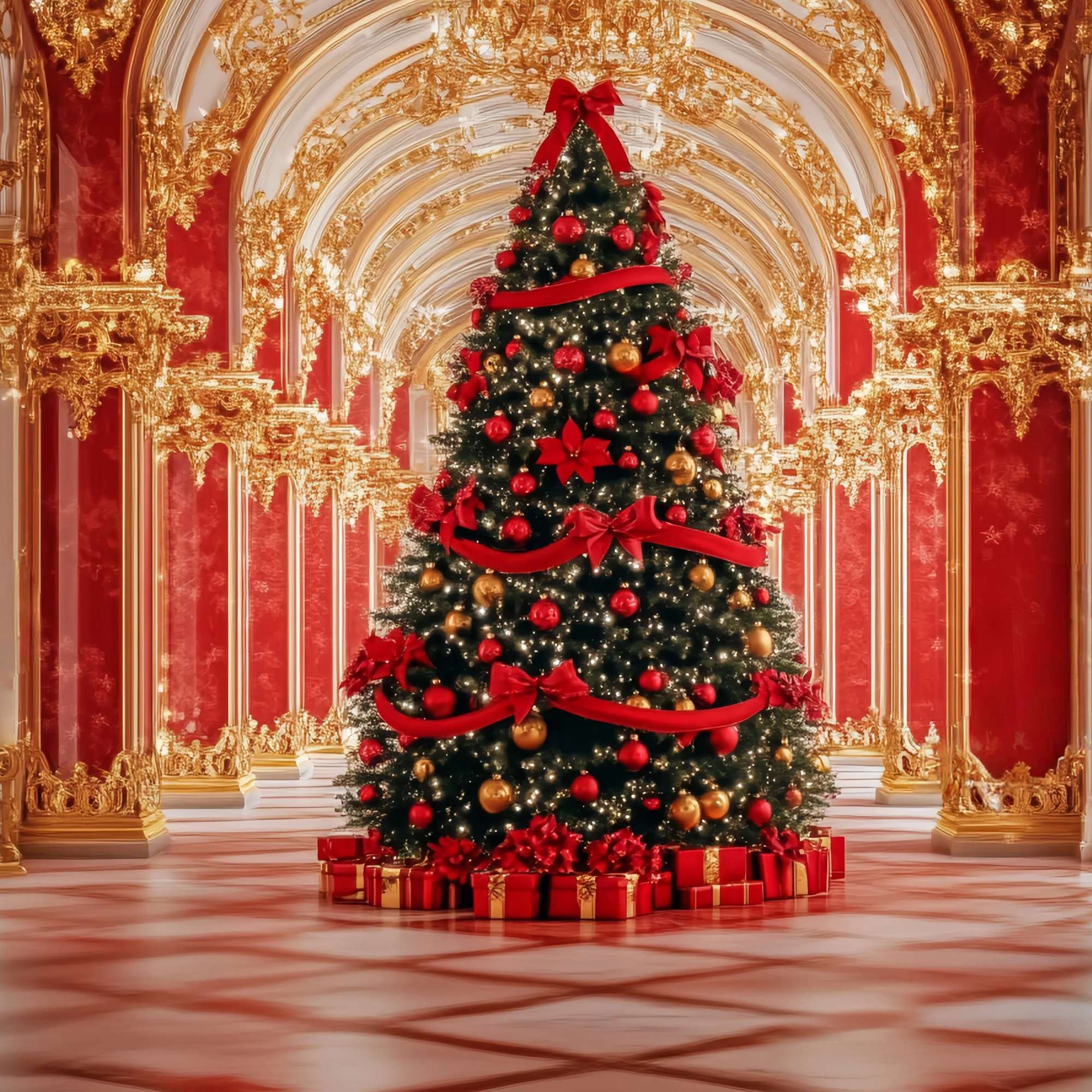 Red Christmas Backdrop Opulent Palace Christmas Tree Display Christmas Backdrops 10x10 TWW58-91