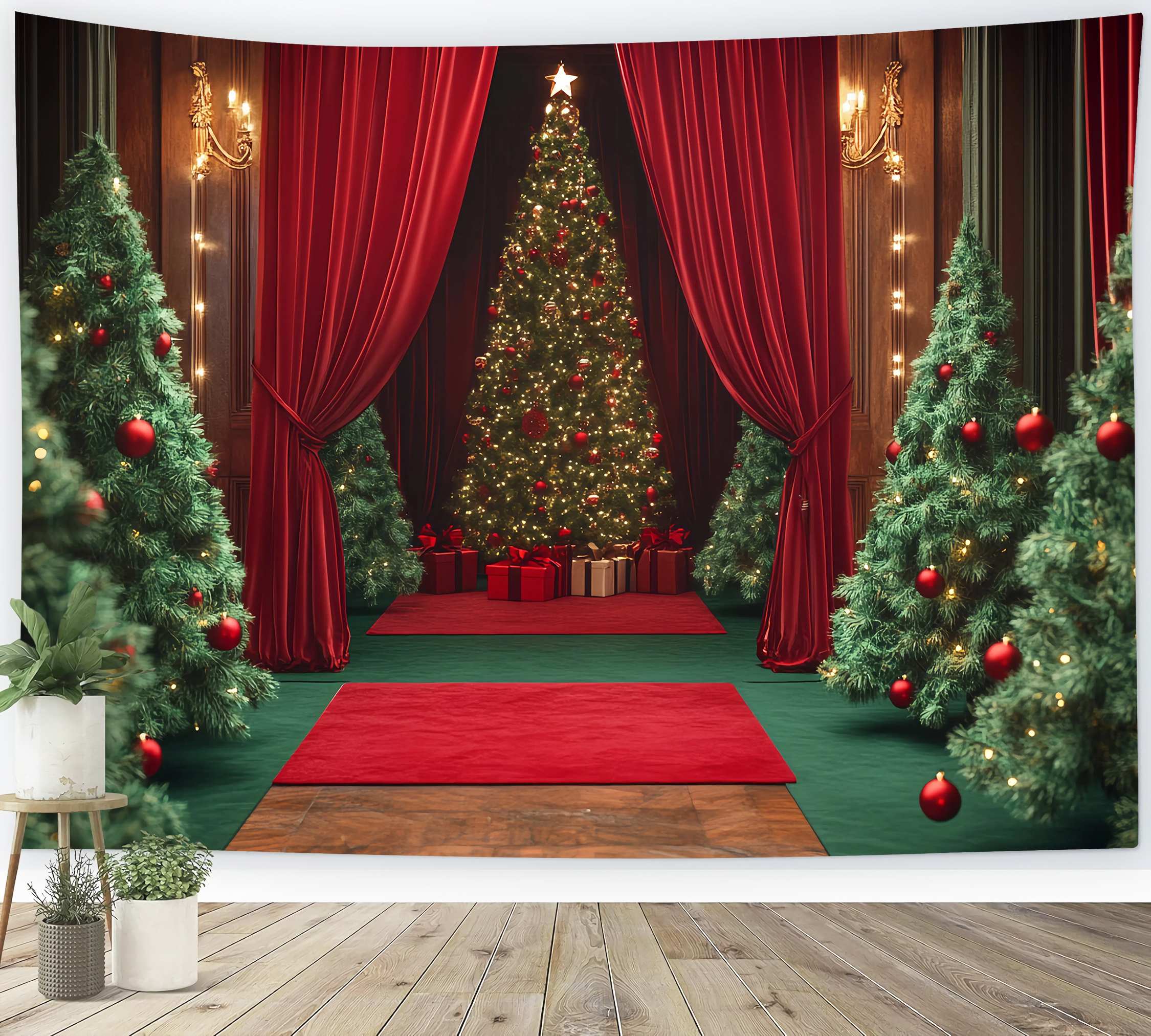 Christmas Tree Backdrop Velvet Curtain Red Ornament Trees Professional Christmas Backdrops TWW58-98