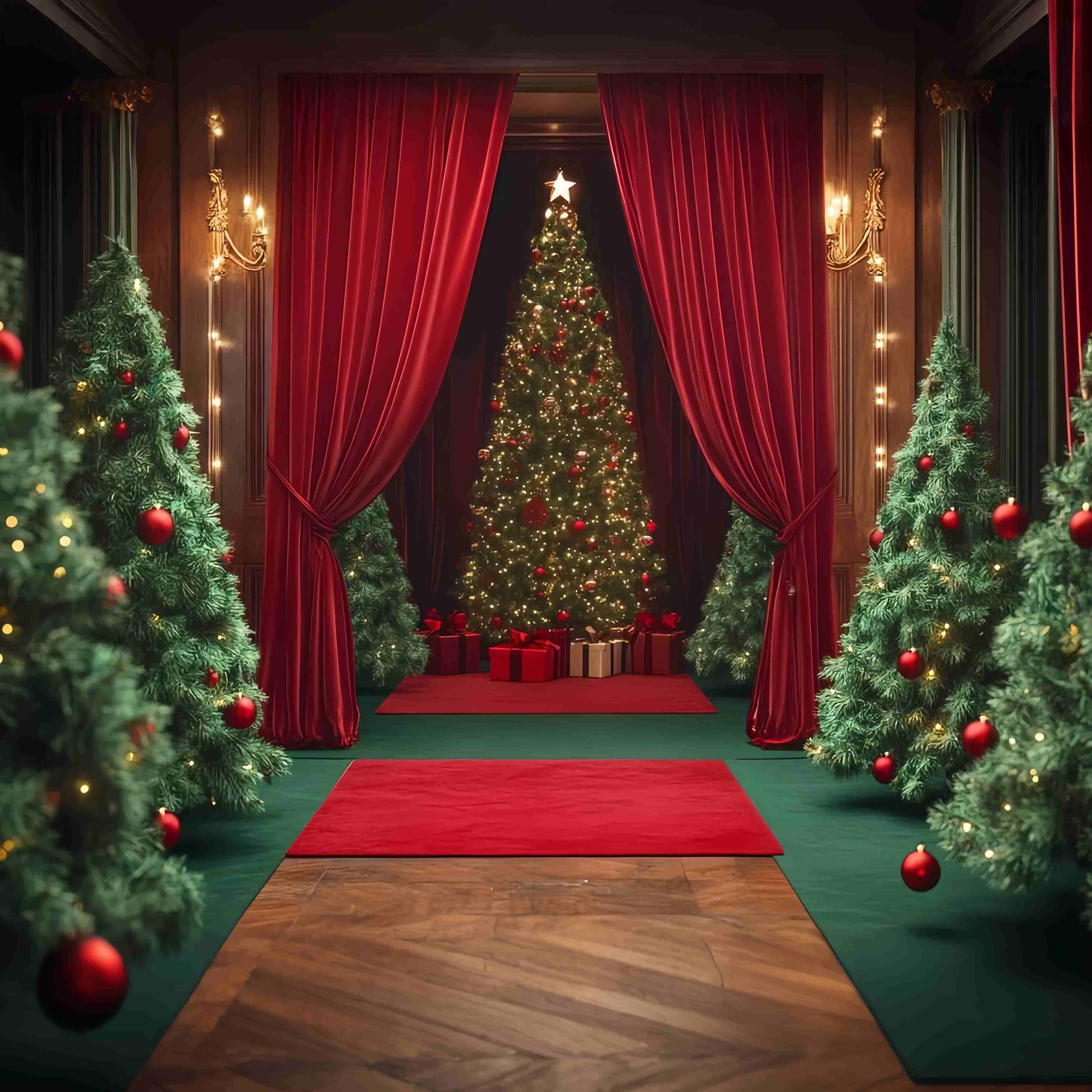Christmas Tree Backdrop Velvet Curtain Red Ornament Trees Professional Christmas Backdrops TWW58-98