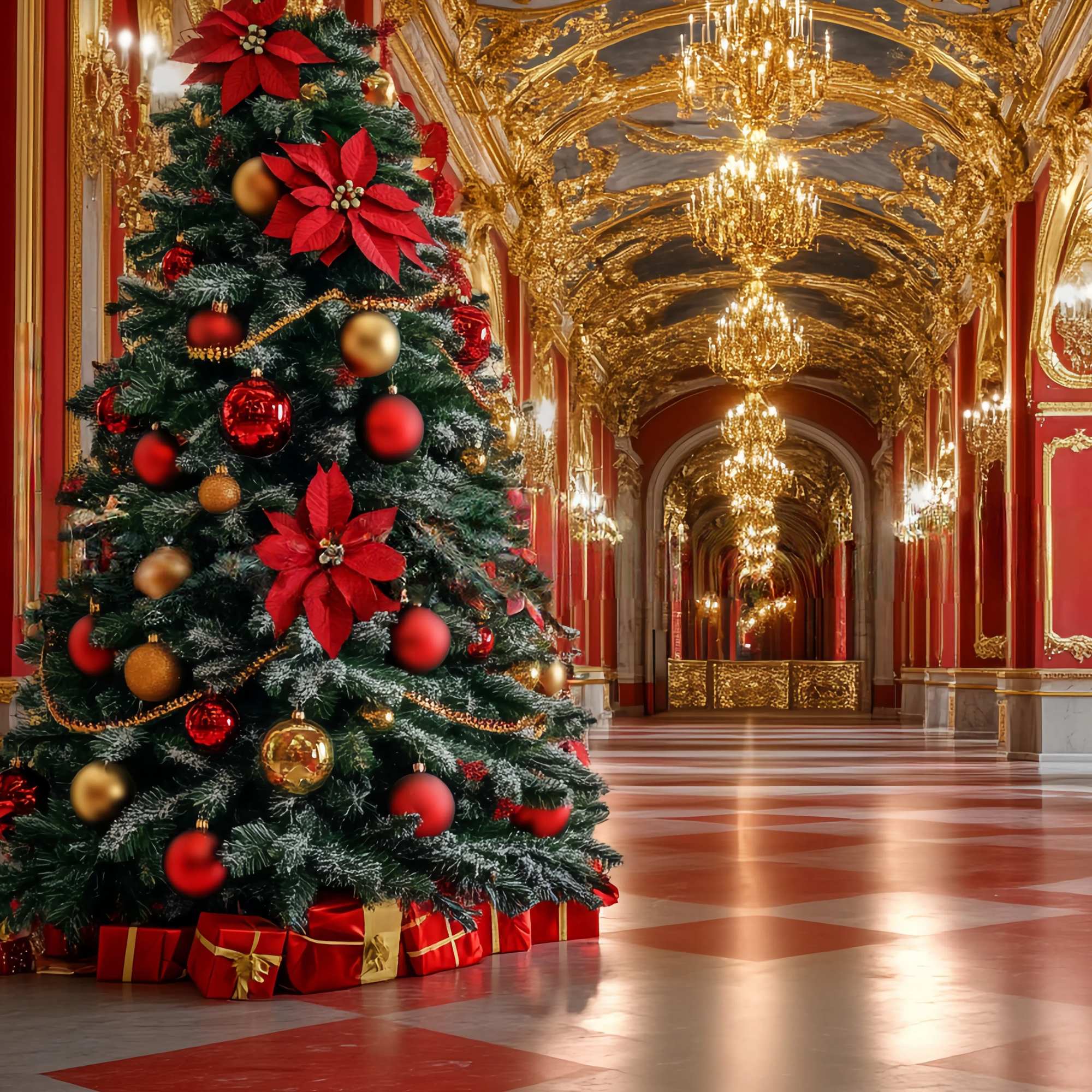 Red Christmas Backdrop Opulent Red Gold Grand Hall Tree Christmas Photo Backdrops TWW58-99