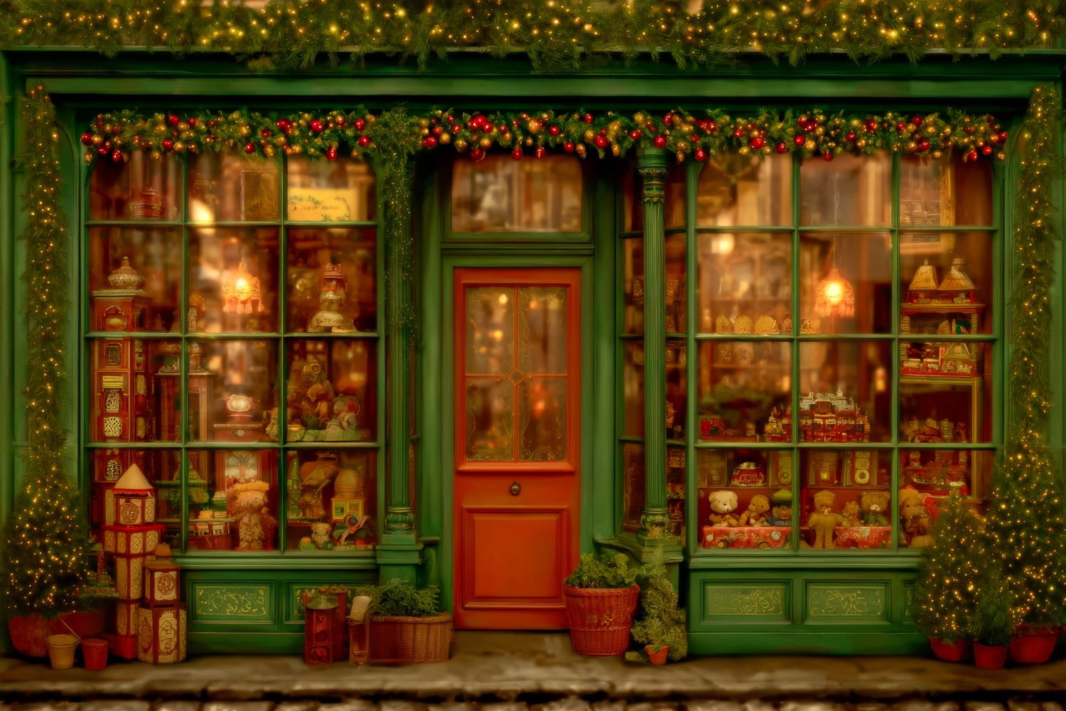 Toy Store Backdrop Vintage Green Window Toy Shop Christmas Backdrops TWW59-106