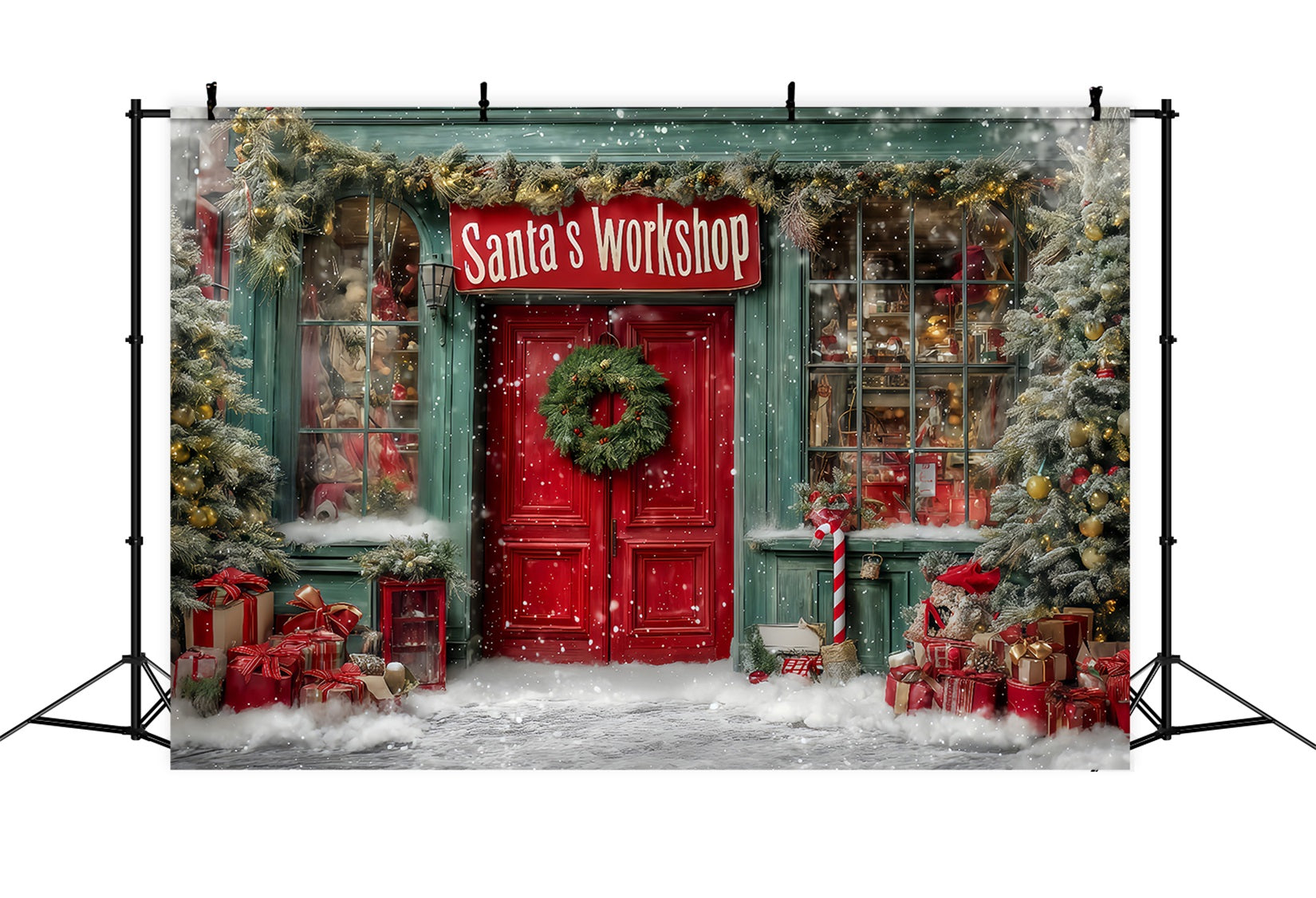 Santa's Workshop Backdrop Santa Workshop Festive Front Christmas Backdrops TWW59-127